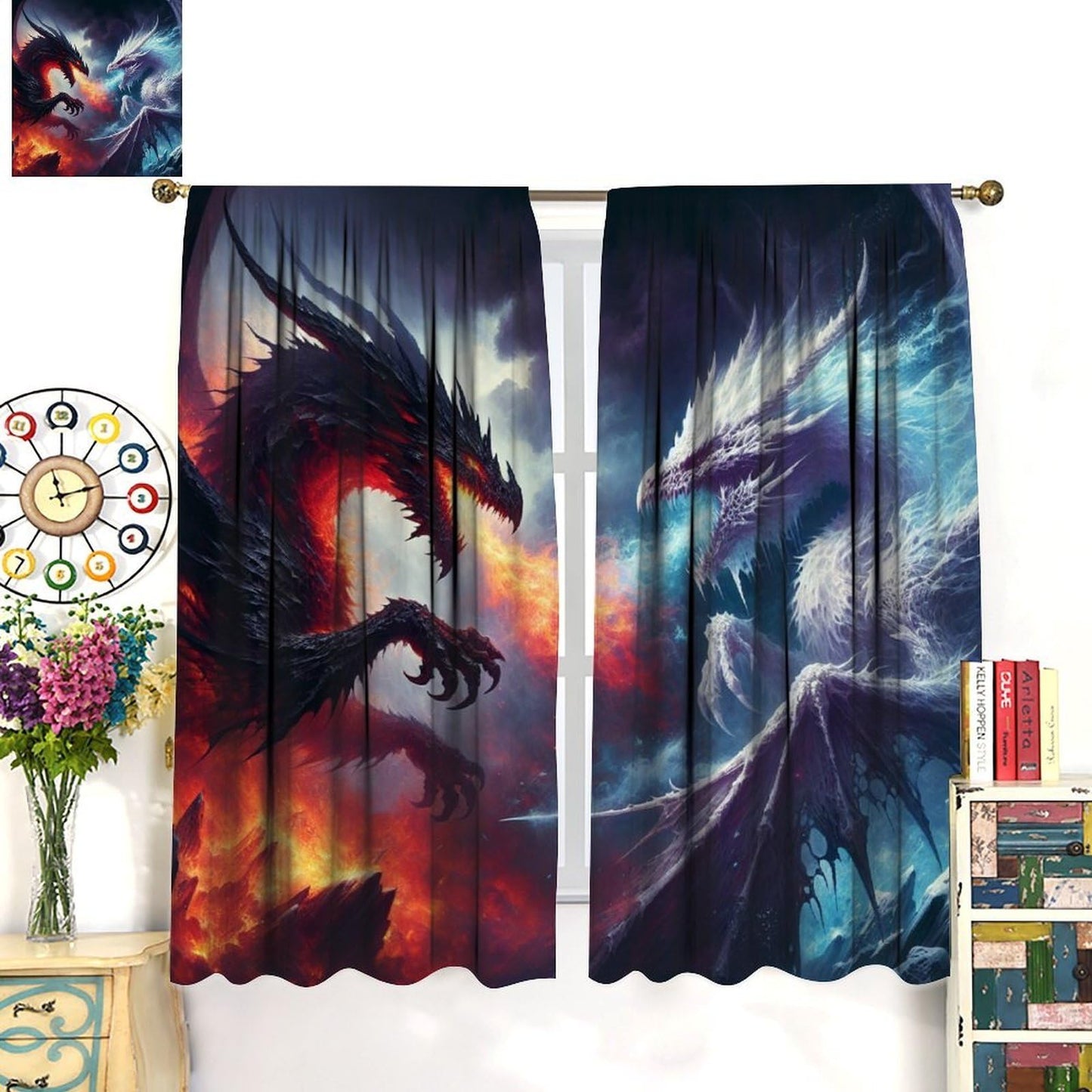 Dragon Blackout Curtains, Fire and Ice Fantasy Blue Red Dragon Home Decor for Boys Girls Teen Bedroom Living Room Kitchen Window Treatment 2 Panels Set Total Size 42" W X 63" L Inch