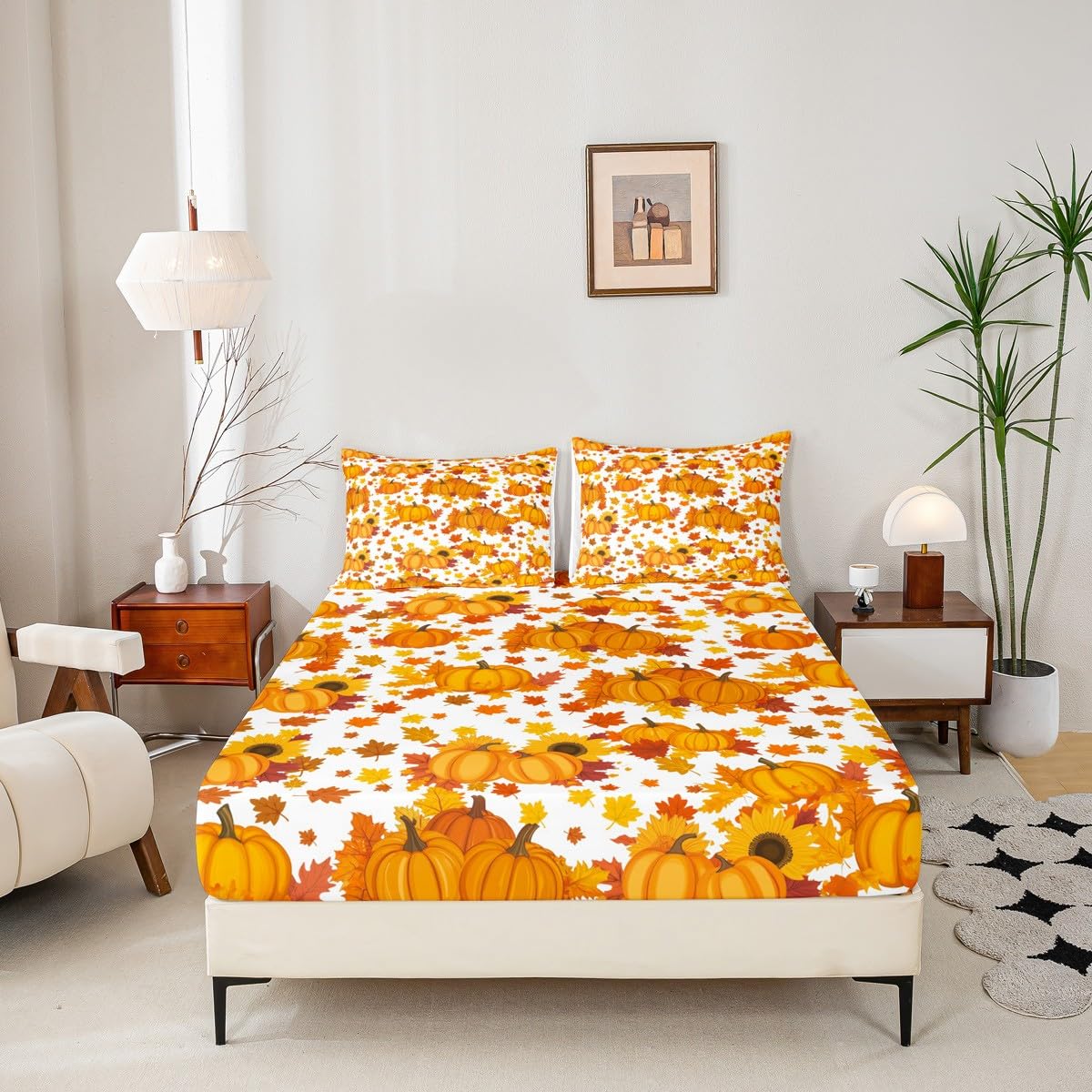 Fall Pumpkin Bed Sheets Queen Autumn Maple Leaves Bedding Set Thanksgiving Harvest Season Decor Sheet Set For Home,Rustic Farmhouse Sunflower Fitted Sheet Orange White Flat Sheet + 2 Pillow Cases