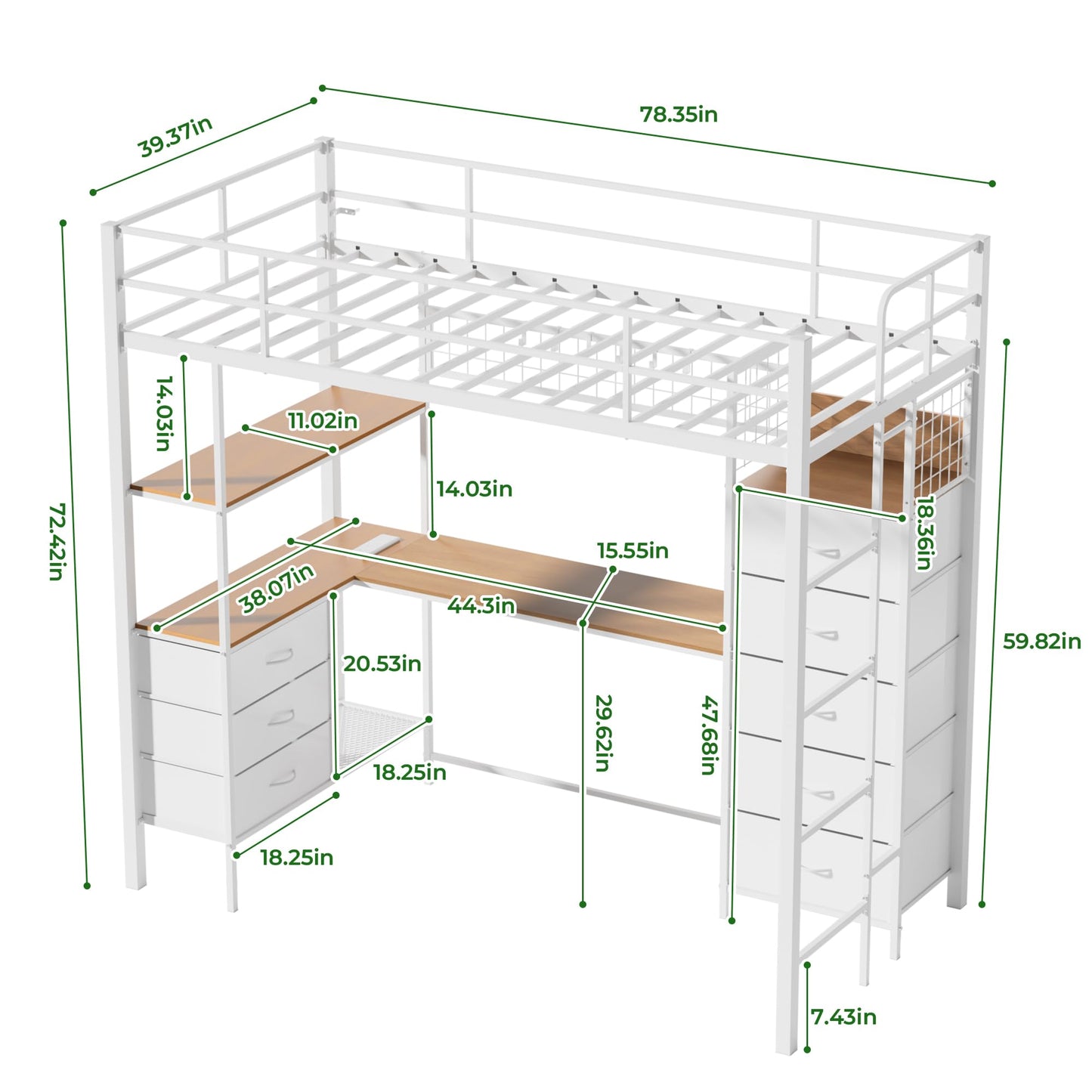 Godchoices Twin Size Loft Bed with L-Shaped Desk and 8 Storage Drawers, Metal Bunk Bed Frame with LED Lights,Power Outlet and 3 Storage Shelves,Twin Loft Bed with Safety Guardrail & Ladder (White)