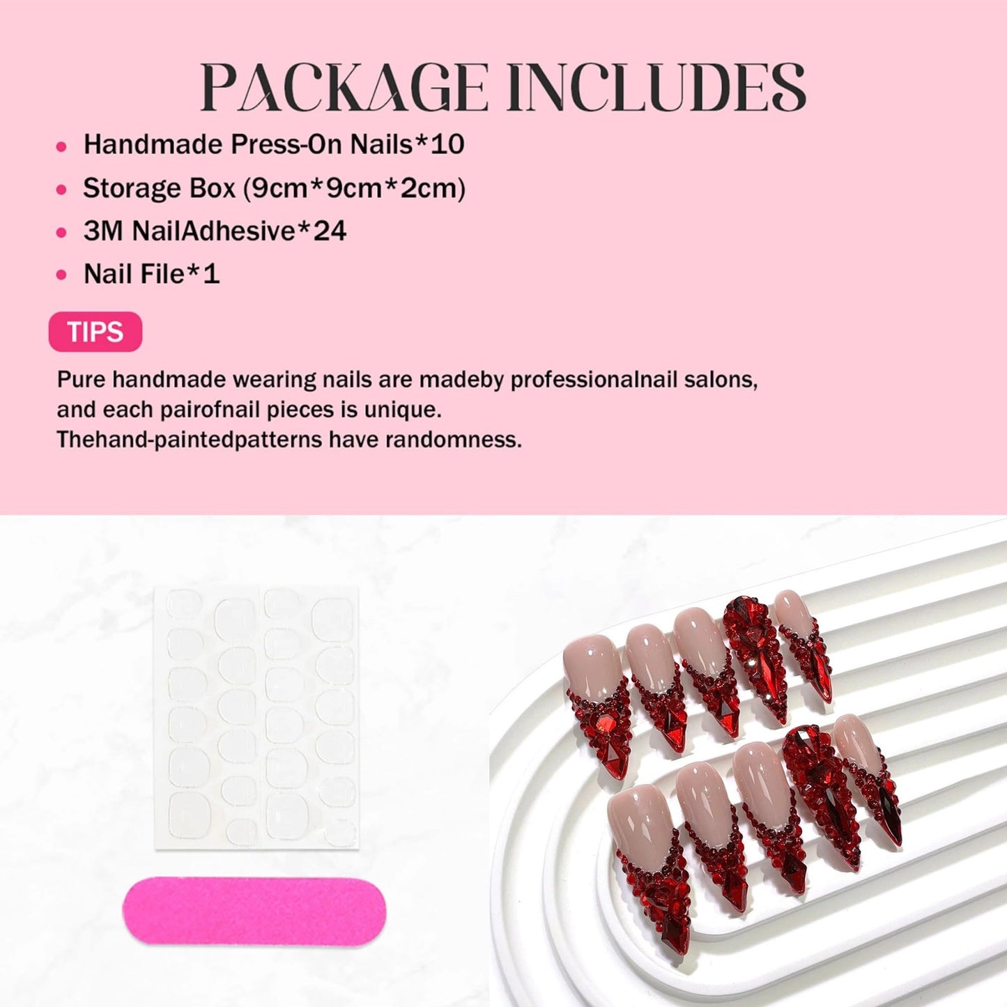 Red Rhinestone French Tip Fake Nails Long Handmade Press on Nails Almond False Nails with 3D Designs Luxury Glue On Nail Full Cover Stick on Nail for Women Manicure 10Pcs (Size M)