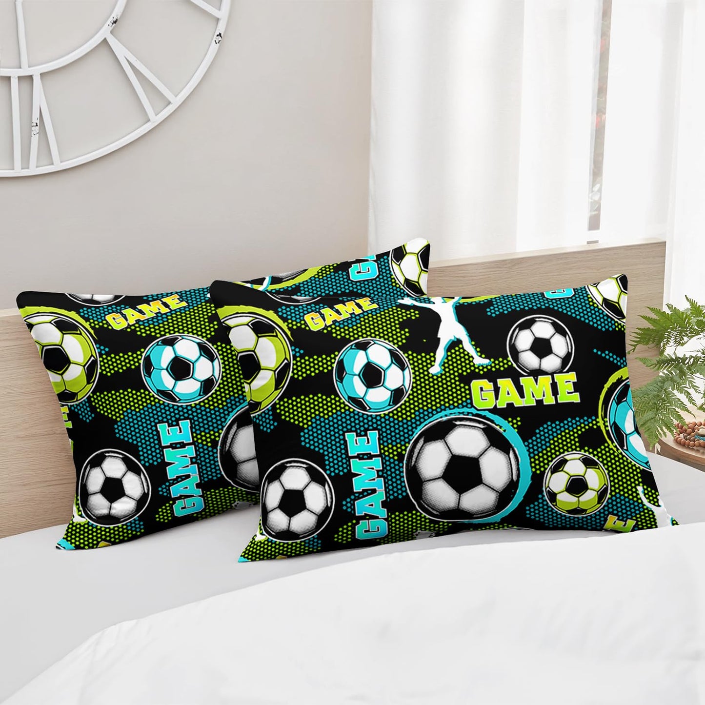 HOSIMA Soccer Twin Fitted Sheet for Boys Room Decor,Athletes Holding Trophies Pattern Sports Bedding for Kids Teens,Blue Green Honeycomb Background,1 Fitted Sheet+2 Pillowcases.