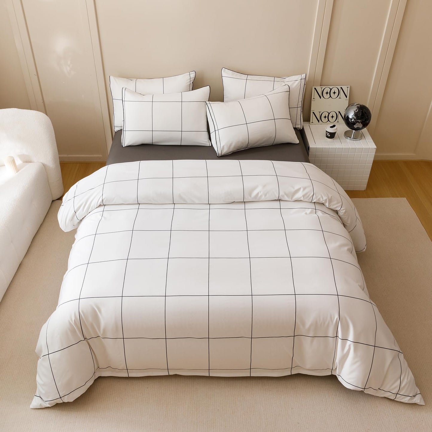 KAREVER White Grid Comforter Full Women Black Square Lines Checkered Bedding Set Full White Plaid Comforter Full Size
