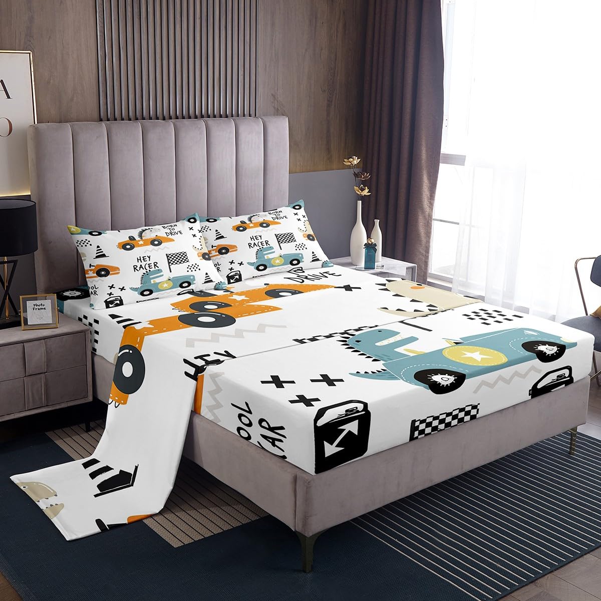Cartton Car Kids Sheet Set Racing Sports Game Bed Sheets Set Decor Cute Dinosaur Racer Sheets with Deep Pocket Fitted Sheet Gift for Racing Lover White Blue Bedding Set Bedroom Quilt Cover 4Pcs Full