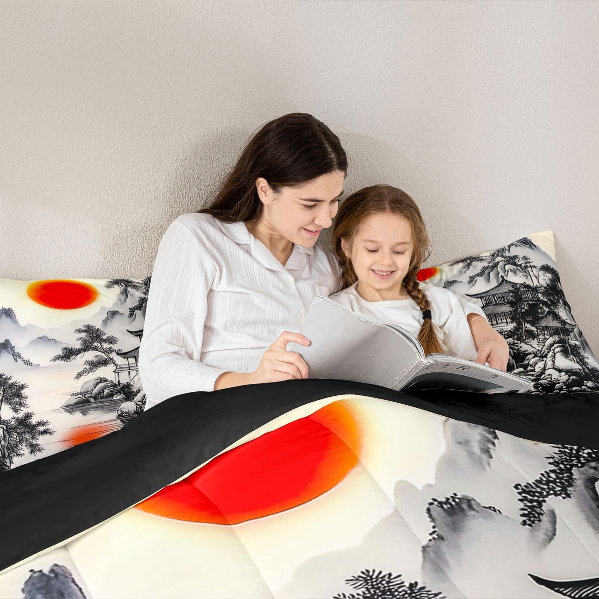 jejeloiu Chinese Ink Painting Kids Comforter Set Queen Size Japanese Style Bedding Set Red Sun Duvet Quilt for Kids Boys Girls Bedroom Mountain Decor Microfiber Ultra Soft Breathable