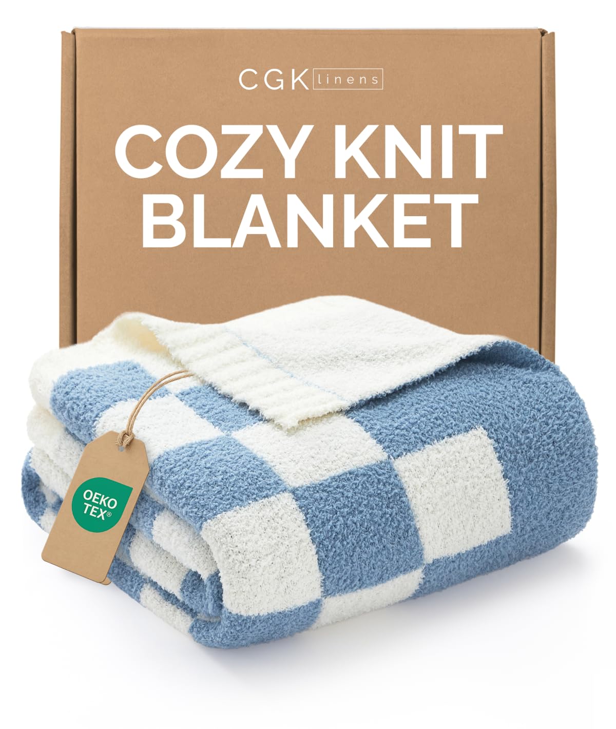Super Soft Throw Blanket - Checkered Blanket for Couch, Bed, Sofa, Chair - Lightweight Warm Double Sided Knit - All Season Cozy, Fuzzy, Anti-Static Microplush Blanket for Women - 50x60 (Blue/Cream)