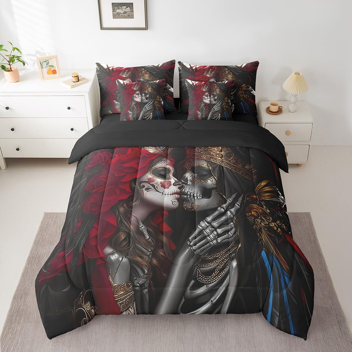 Erosebridal Gothic Skull Bedding Set King Size,Ethnic Tribes Love Comforter Set,Valentine's Day (Comforter+Fitted+Flat Sheet+2 Pillowcases+2 Throw Pillow Covers) 7 Pieces Rose Crown Couple Bed Set