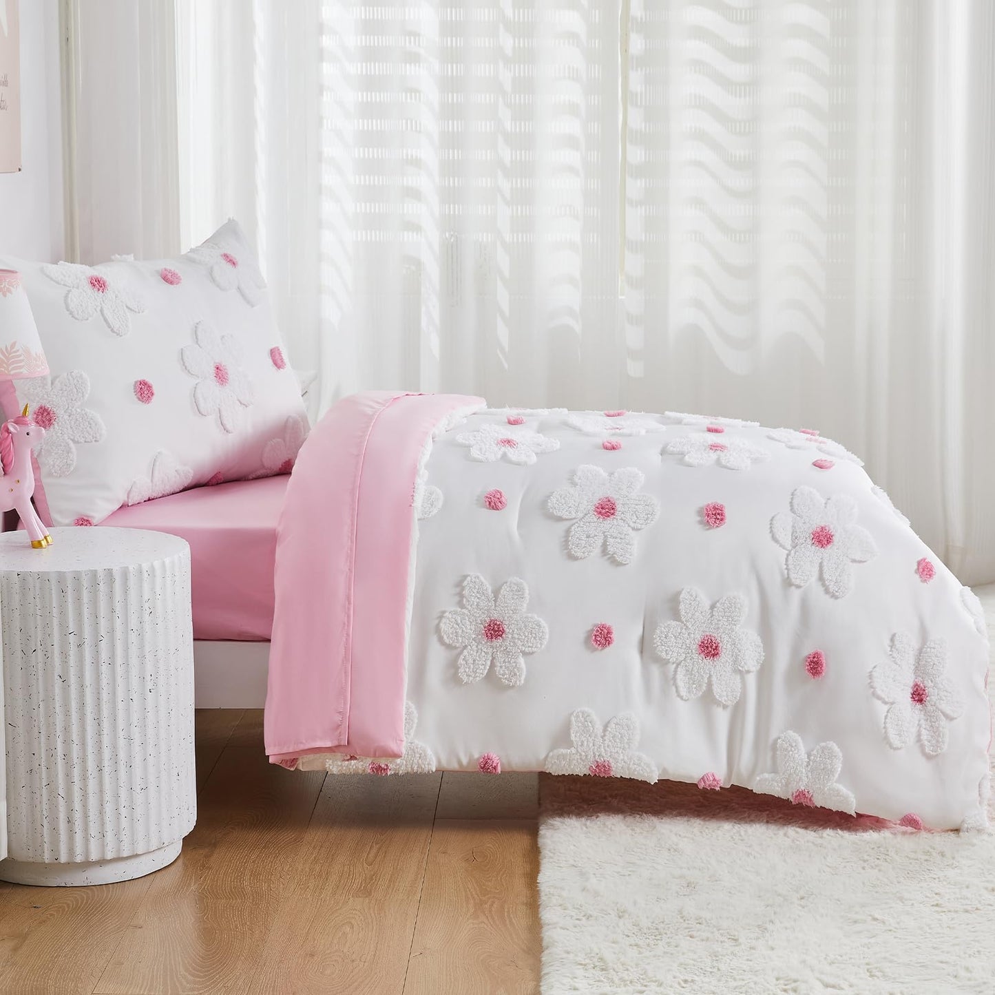 CotComf Toddler Bedding Set for Girls 4-Piece Pink Boho Tufted Daisy Flowers Toddler Comforter Set Bed-in-a-Bag Toddler Sheets Bedroom Set with Toddler Comforter, Flat Sheet, Fitted Sheet, Pillowcase