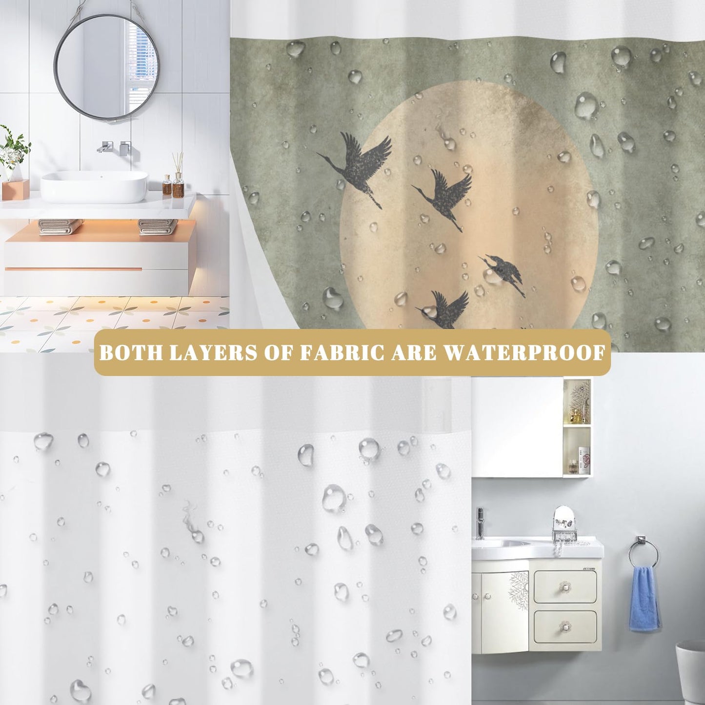 NAEMBCU No Hook Shower Curtain with Snap in Liner, Zen Moon and Crane Silhouette Print - Waterproof Double Layer Bath Tub Curtain with Mesh Top for Japandi Wabi Sabi Bathroom Decor, 71W x 74H