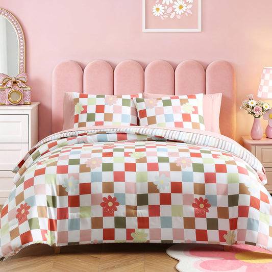 AMBERSPACE Twin XL Comforter Set for Girls, Colorful Checkered Bedding Set with Cute Floral, All Season Plaid Kids Bed in a Bag Dorm 5 Pieces with Sheets, Pillowcase & Sham