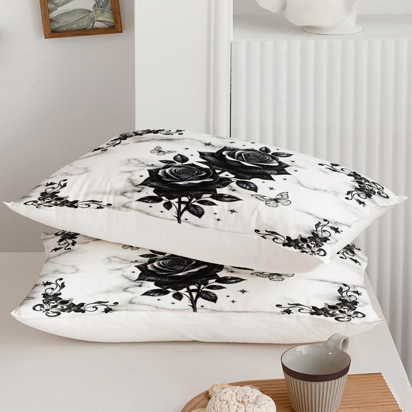 QOOMO Black Flowers Kids Bedding Set,Cartoon Plants Comforter Set Queen Size for Boys Girls Teen Room Decorat,Soft Lightweight Bed Set All Season,1 Comforter 2 Pillowcases