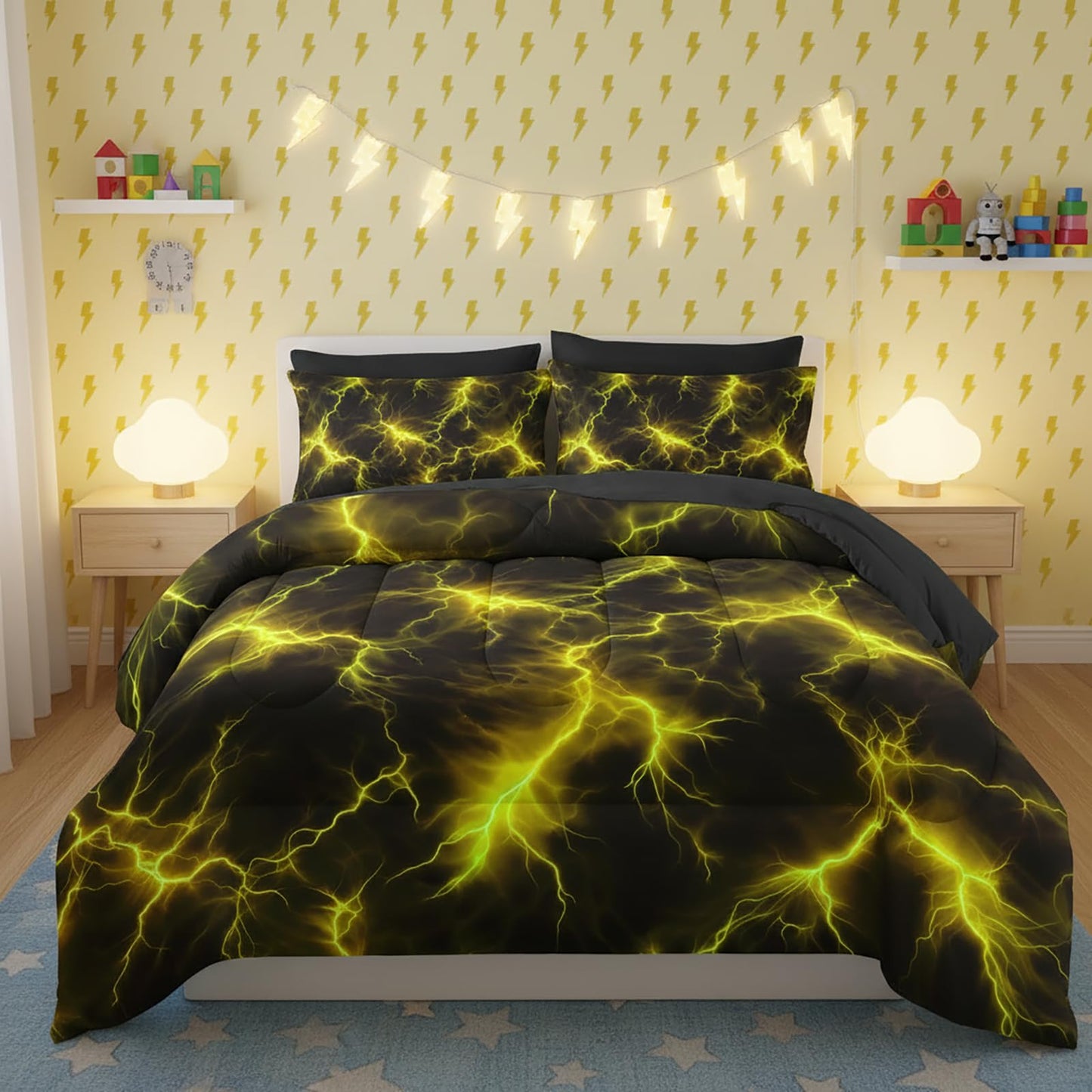 QOOMO Yellow Lightning 7 Pieces Comforter Set Queen Size,Lightning Bedding Set for Kids-Include 1 Comforter,1 Fitted Sheet,1 Flat Sheet,2 Printing Pillowcases and 2 Black Pillowcases