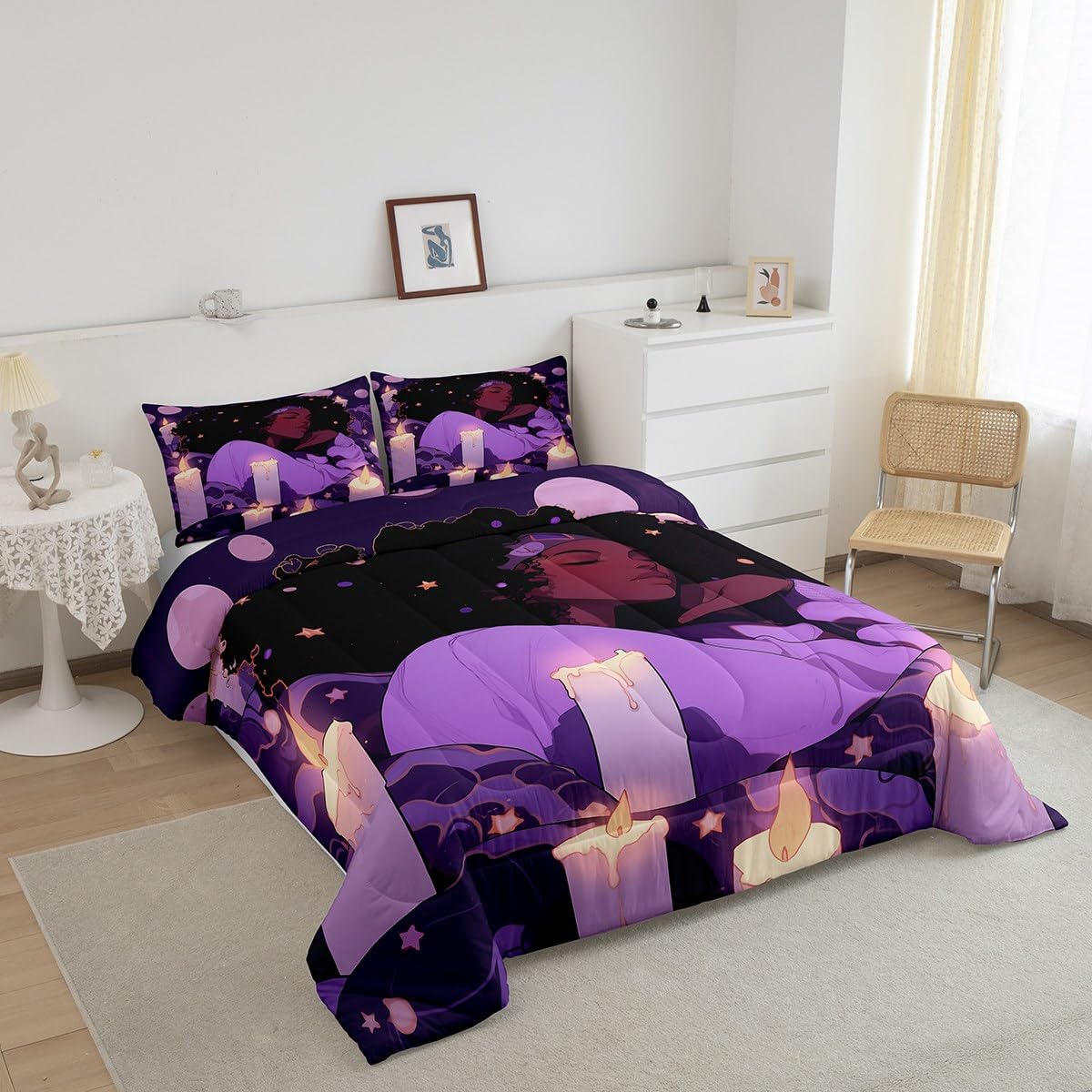 Castle Fairy Cute Black Girls Comforter Set Full Size,African Style Americans Quilt Set Girls Boys Women Teens Room Decor,Dreamy Stars Moon Night Bedding Set Cartoon Purple Duvet Insert,2 Pillowcases