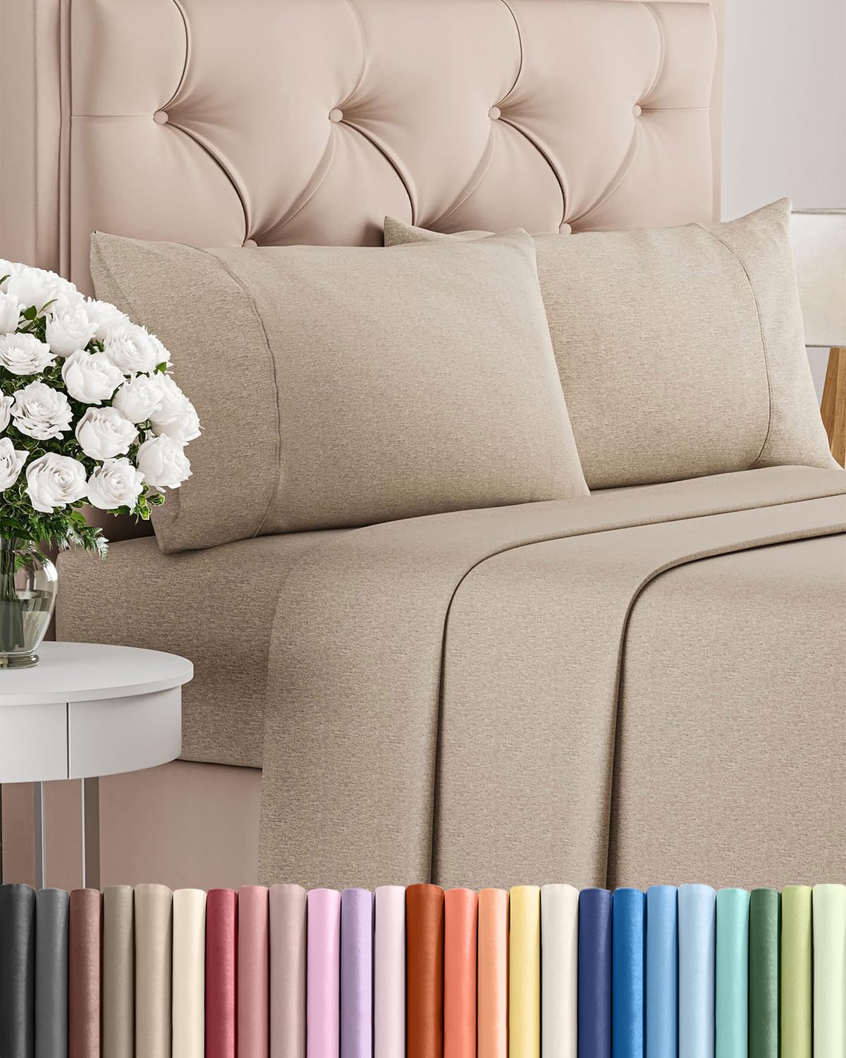 Full Size 4 Piece Sheet Set - Comfy Breathable & Cooling Sheets - Hotel Luxury Bed Sheets for Women & Men - Deep Pockets, Easy-Fit, Soft & Wrinkle Free Sheets - Heathered Beige Oeko-Tex Bed Sheet Set