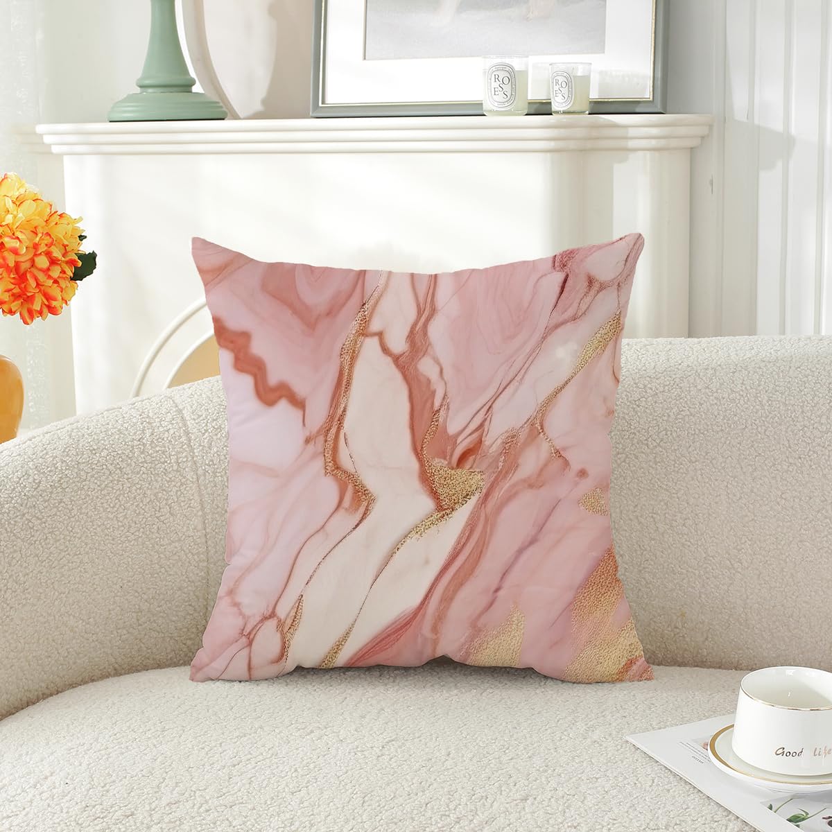 ZHLF Pack of 4,Pink Marble Throw Pillow Covers 18x18 Inch Two-Sided Pink Gold Abstract Art Modern Decorative Pillows Case Soft Cushion Covers for Couch Sofa Bed Home Living Room Décor