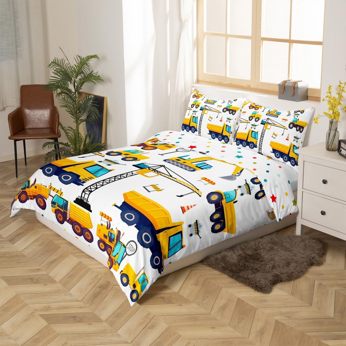 Erosebridal Kids Construction Queen Bedding Sets for Boys,Excavator Trucks Comforter Cover Cartoon Tractor Car Vehicle Toddler Bed Set Yellow Blue (1 Duvet Cover and 2 Pillow Cases)