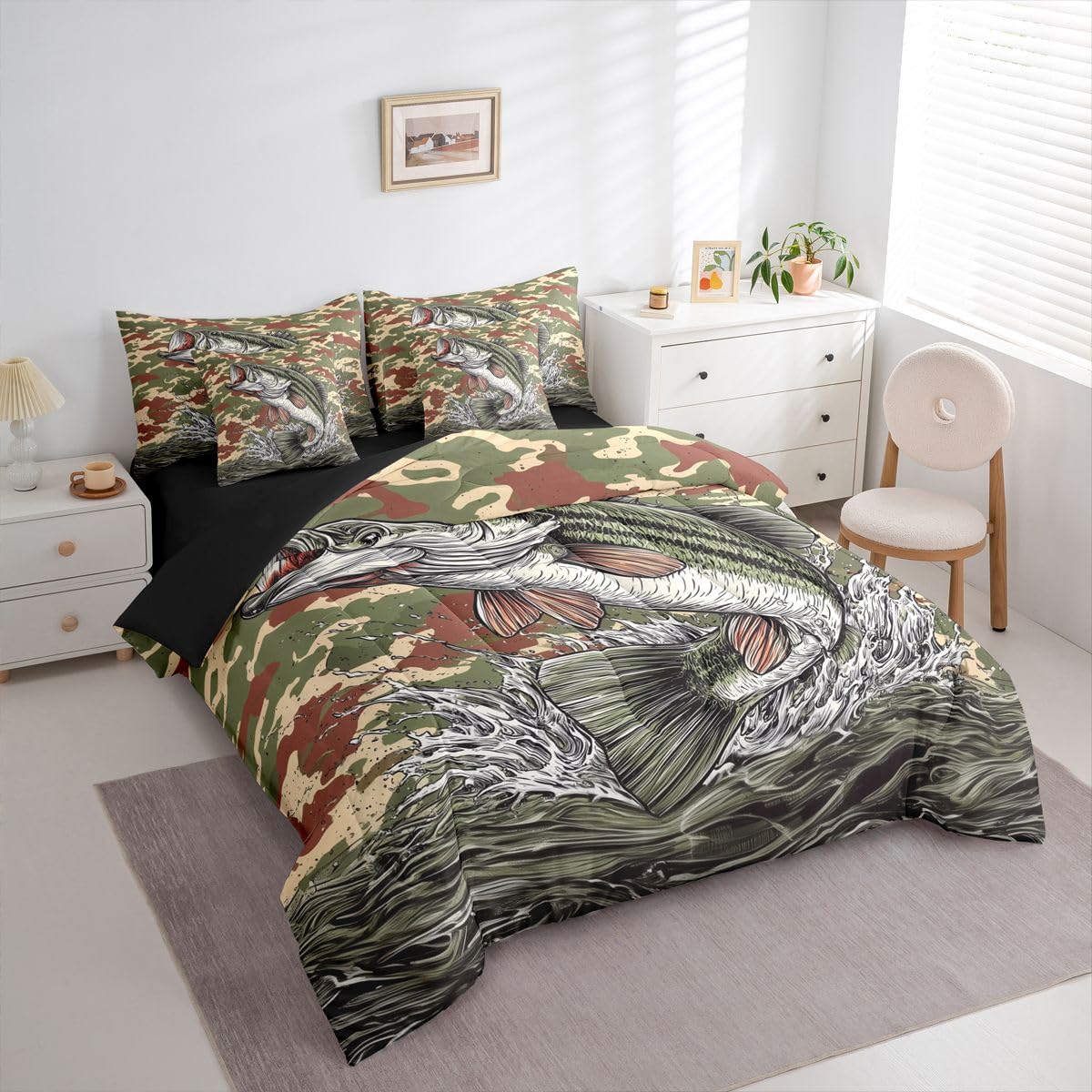 Erosebridal Fish Camo 7-Piece Bed in a Bag Full Size Camo Hunting and Fishing Bedding Set for Kids Boys Teens - Bass Fish Comforter Set with Sheets Camouflage Fishing and Hunting Duvet Insert