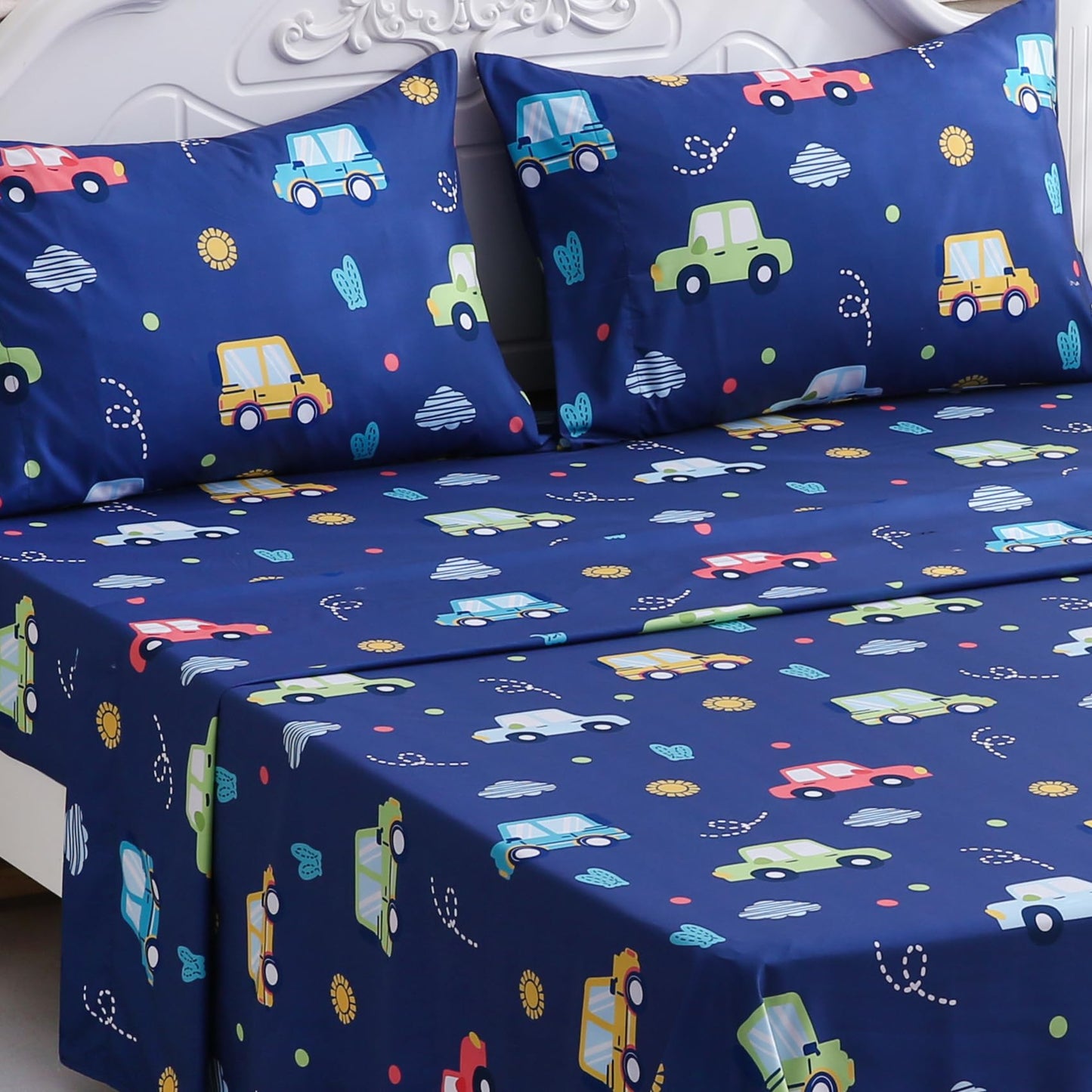 Ocharo Kids Sheet Set Full Size,Boys Sheet Set with Colorful Cars Pattern,Kids Cute Car Bed Sheet Navy Blue Soft Microfiber Deep Pocket Bedding Sheets and Pillowcases 4 Pieces.