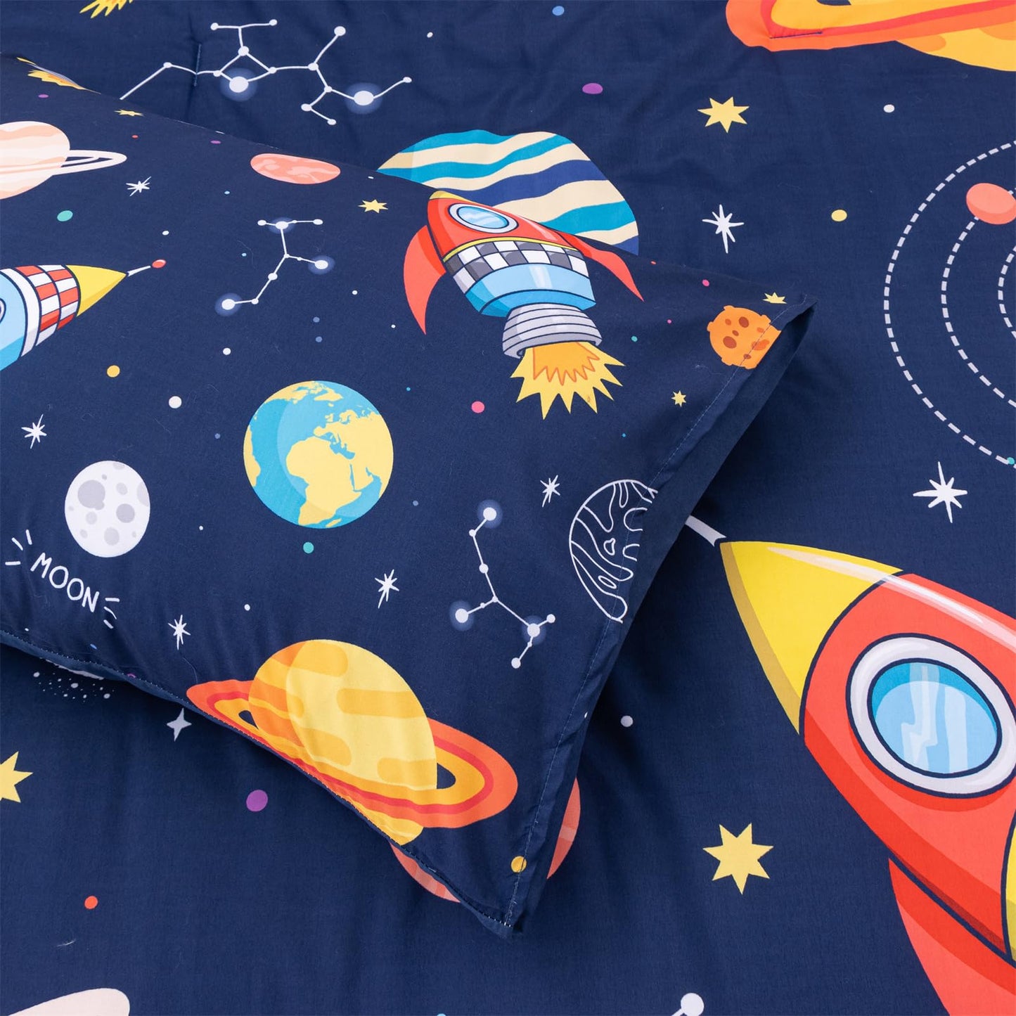Aimuan Space Comforter Twin Set Kids Rocket Bedding Set Super Soft & Cute Aliens UFO Printed for Boys Girls Teen (Navy, Full 5Pcs)