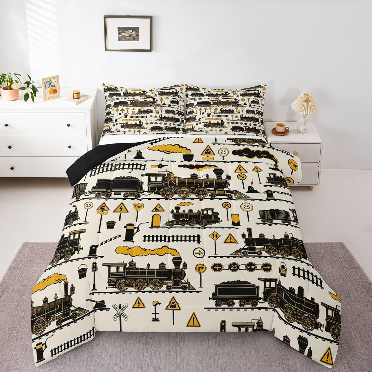 Erosebridal Cartoon Steam Train Kids Comforter Sets Funny Train Full Bedding Set for Boys Girls Retro Transport Vehicle Comforter Set Steampunk Railway Aesthetic Quilt Duvet 3 Pcs
