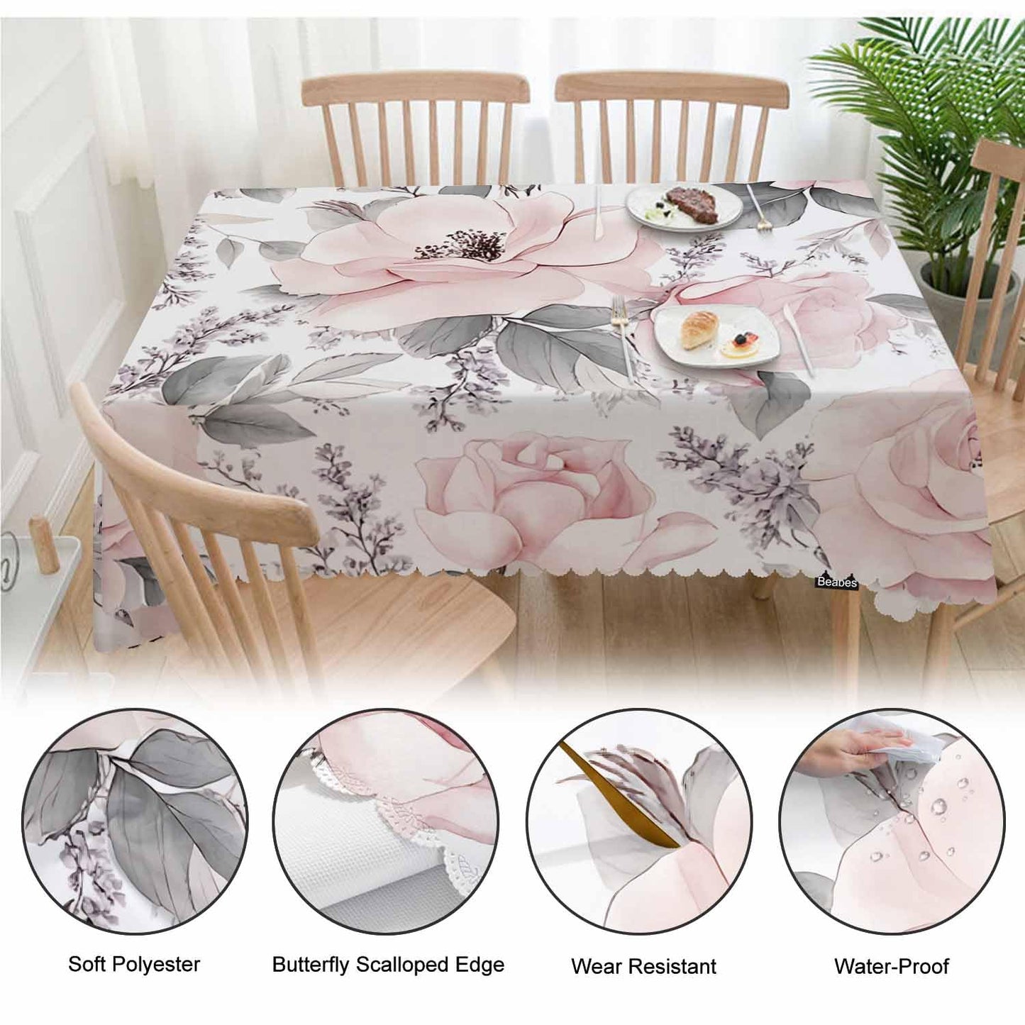 Beabes Rose Tablecloth for Rectangle Tables Bloom Rose Peony Flowers Picnic Table Cover Indoor and Outdoor Table Cloth Camping Tablecloths for Dinner Kitchen 52"X70" Pink