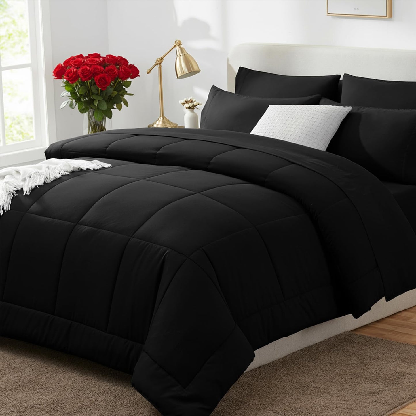 CozyLux Queen Comforter Set Black, 7 Pieces Bed in a Bag, Black Comforters Queen Size, All Season Bedding Sets with Stitch Quilted Comforter, Flat Sheet, Fitted Sheet, Pillowcases
