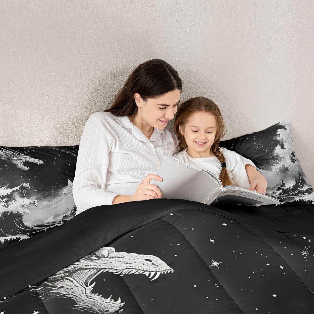 jejeloiu Black and White Wave Comforter Set Queen Size Japanese Style Bedding Set for Kids Boys Girls Ocean Wave Duvet Quilt Abstract Bedroom Decor Microfiber 3 Pcs with 2 Pillow Cases
