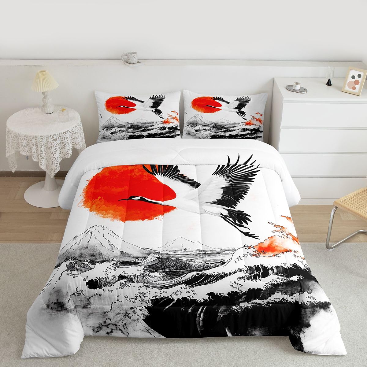 jejeloiu Wave Comforter Set All Season Cranes Bedding Set with 2 Pillow Cases Japanese Style Microfiber Kids Queen Bedclothes Red Sun Bedroom Decor Duvet Quilt Breathable Soft Lightweight