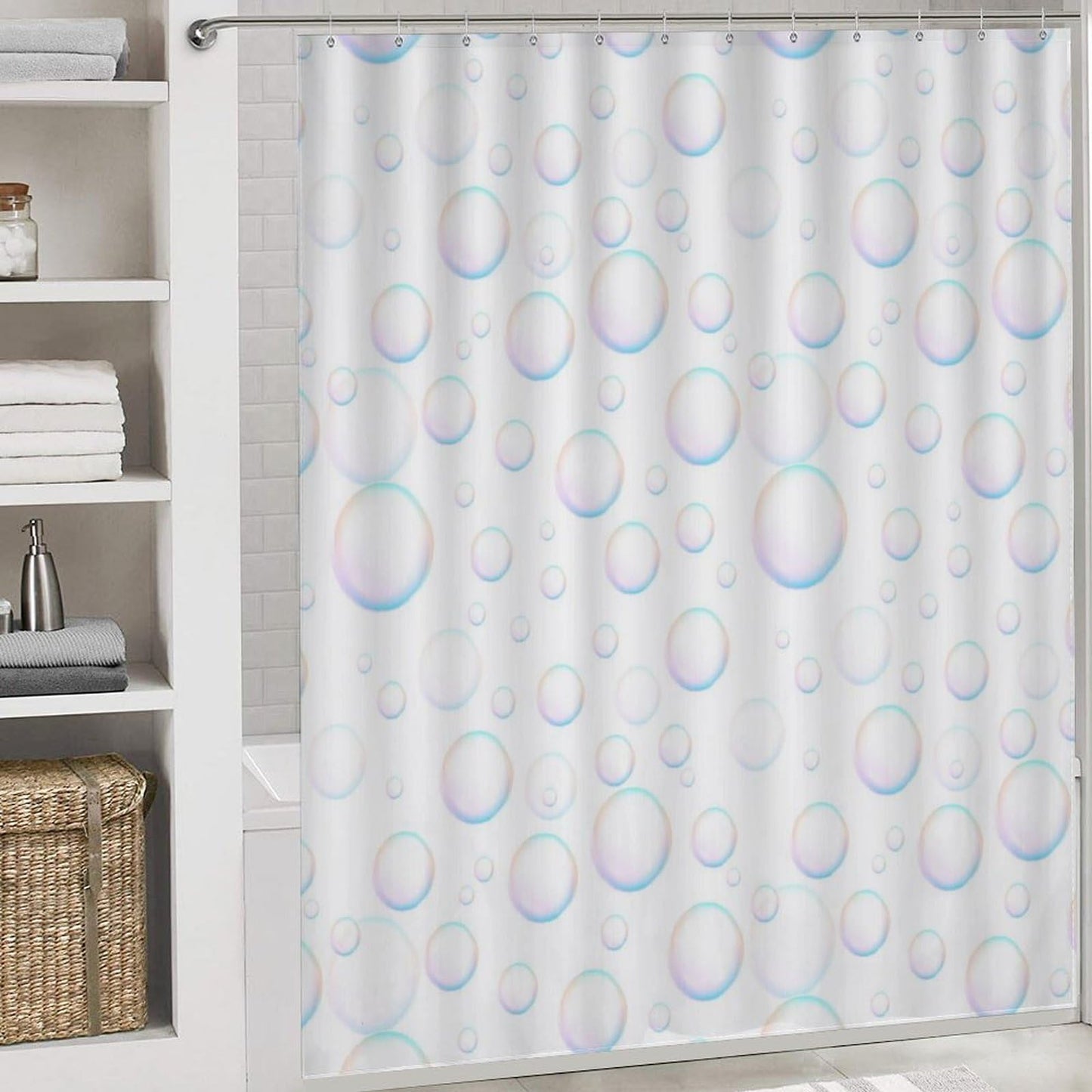 Bubbles Bathroom Set, Funny Shower Curtain Set 4PCS with Non-Slip Rugs, Toilet Lid Cover Bath Mat and 12 Hooks
