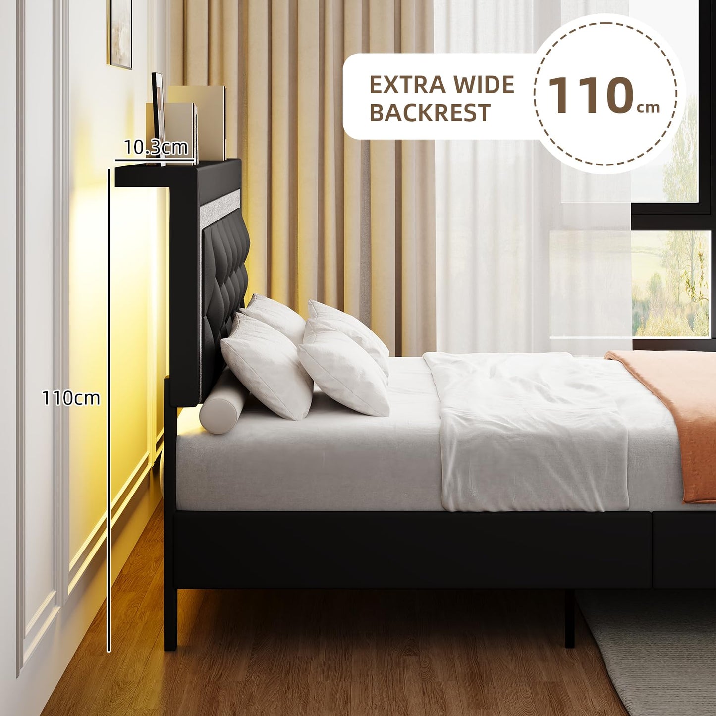 BarnFurin Queen Bed Frame with Storage Headboard, Bed Frame Queen Size with Diamond Tufted Headboard and LED Lights, Wooden Slats Support, Noise Free, No Box Spring Needed, Easy Assembly, Black