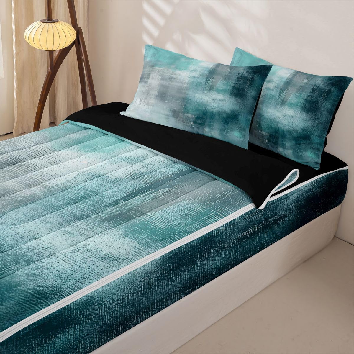 jejeloiu Abstract Twin Zipper Bedding Set Modern Art Kids Comforter Set with Fitted Sheet and 2 Pillowcases Cyan Bed in a Bag Zip Up Bedding Soft Microfiber