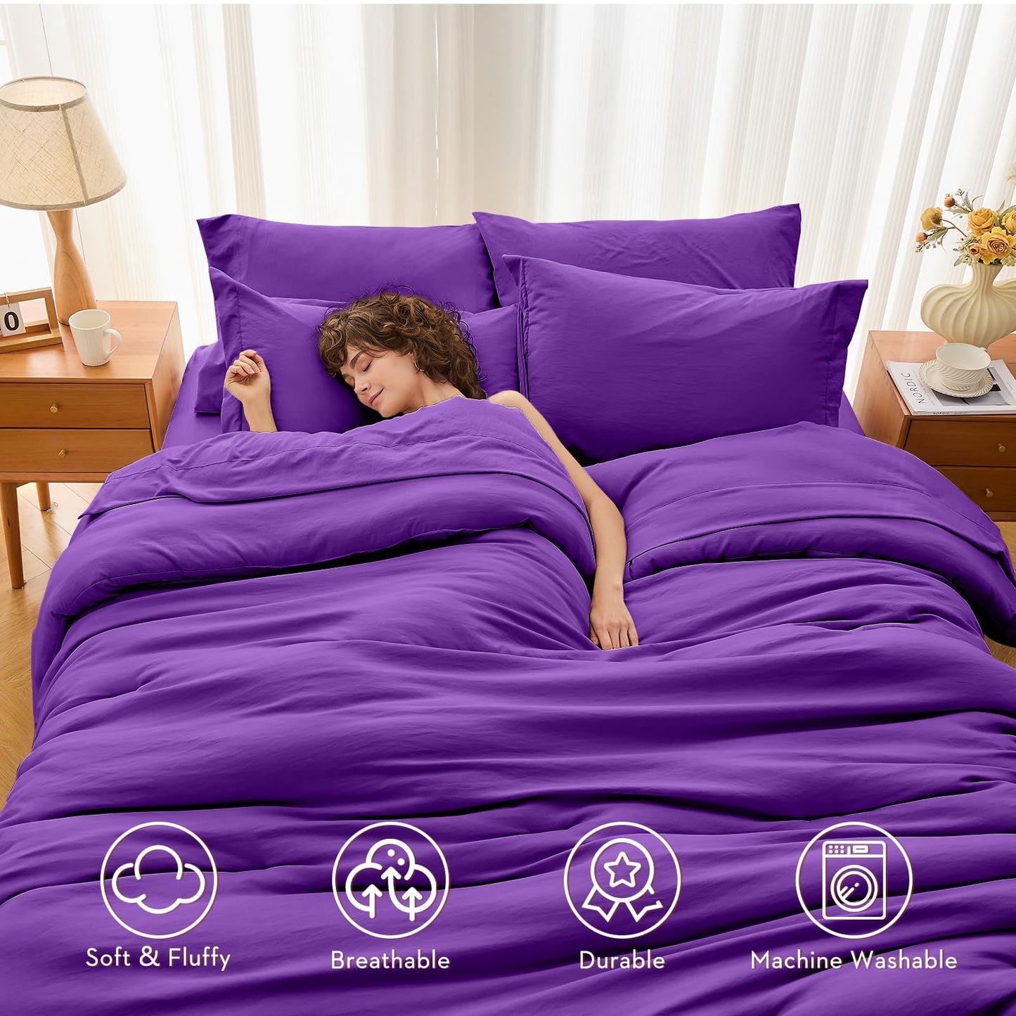 MUXHOMO 7 Pieces King Comforter Set, Soft Bed in a Bag King Size, All Season Bedding Set with Comforter, Flat Sheet, Fitted Sheet, Pillowcases & Shams, Purple