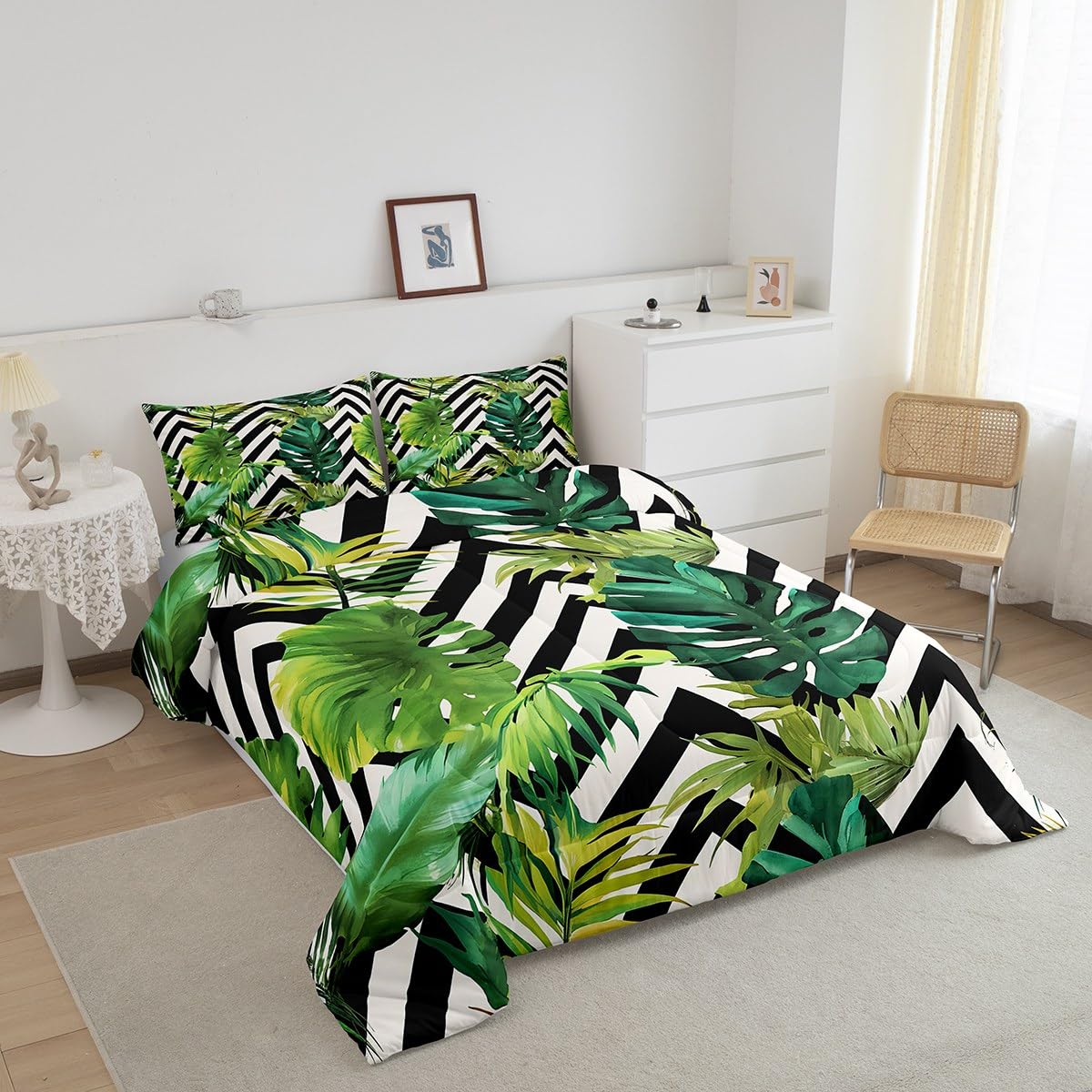 jejeloiu Tropical Leaves Bedding Set Full Size Kids Black White Striped Comforter for Boys Girls Leaf Pattern Comforter Set Botanical Duvet Set Room Decorations Quilt Set