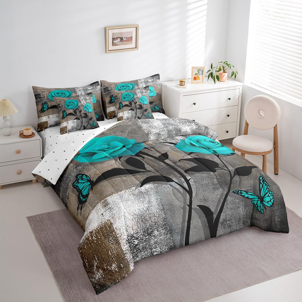 Erosebridal Grey Ombre Comforter Set Queen,Romantic Rose Butterfly Bedding Set,Grunge Watercolor Bed in a Bag,(1 Comforter,2 Pillowcases,1 Flat Sheet,1 Fitted Sheet,2 Throw Pillow Covers)