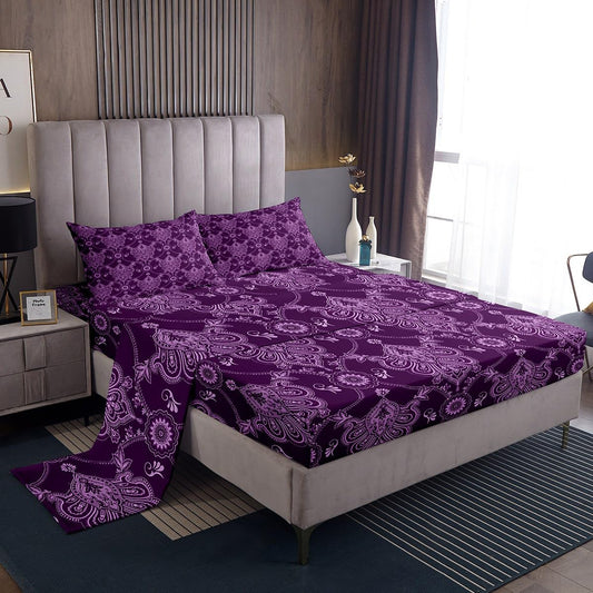 Feelyou Adults Purple Vintage Damask Floral Sheet Set Antique Drawing Classical Paisley Sheets with Deep Pocket Fitted Sheet Full Size Gothic Bohemia Boho Floral Bed Sheets Set Hotel Style 4Pcs