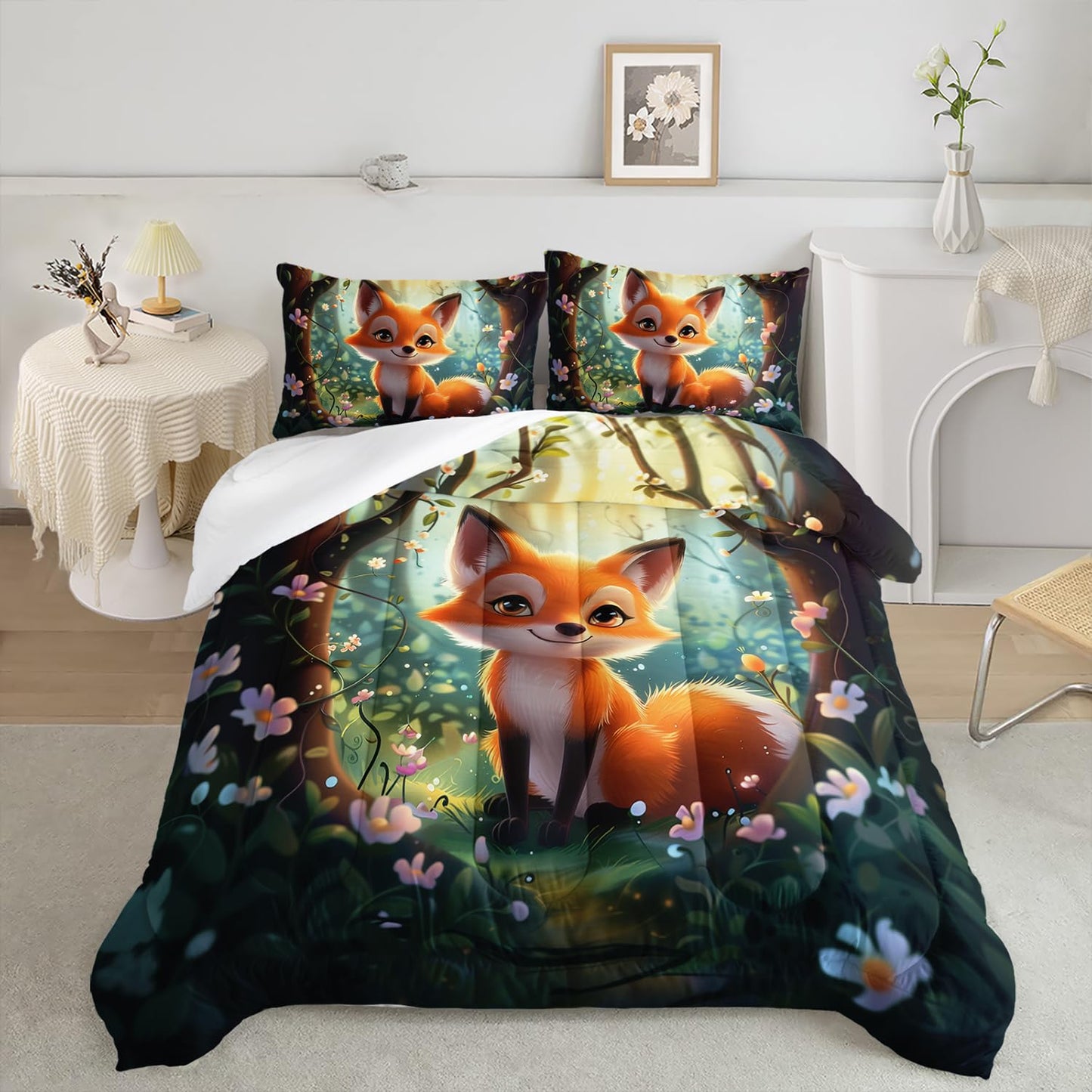 AILONEN Kawaii Orange Cartoon Bedding Set - Twin Size, 3-Piece Forest Fox Set with 1 Comforter and 2 Pillowcases for Boys & Girls