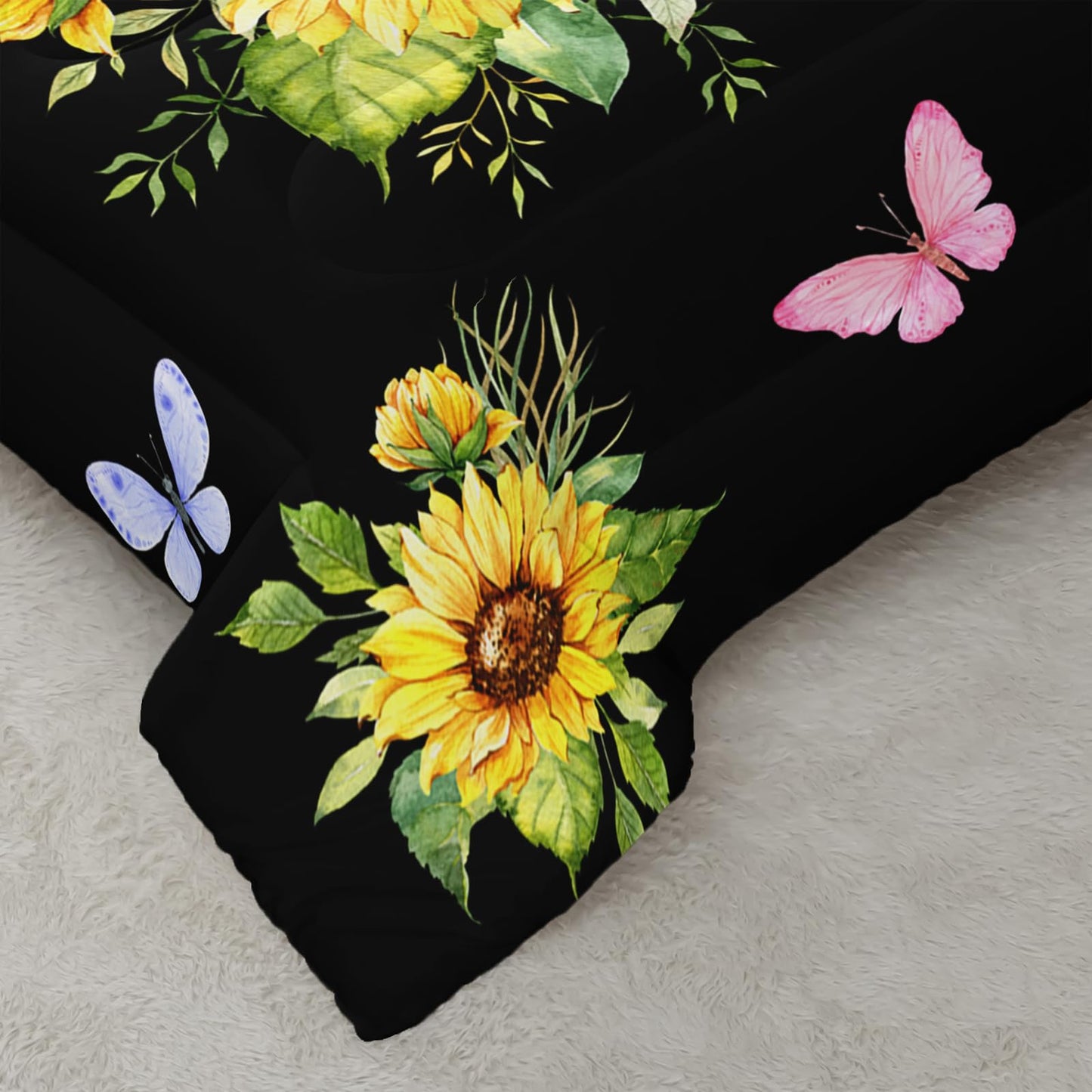 Nttopship Black 3 Piece Sunflower Comforter Sets Full Size, Farmhouse Floral Bedding Set for Girls Boys Adults,3 Piece Bed in A Bag, Ultra Soft Microfiber All Season Yellow Flower Bedding Set