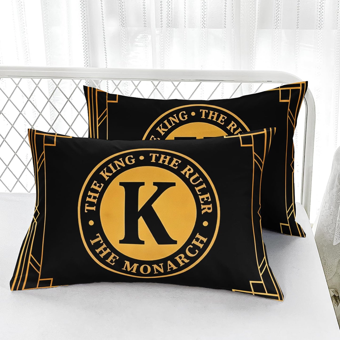 AILONEN King Ruler Monarch Fitted Sheet Set Full,Black Gold Art Bedding for Boys Men,3 Piece Luxury Geometric Bedroom Decor with 2 Pillowcases,16" Deep Pocket