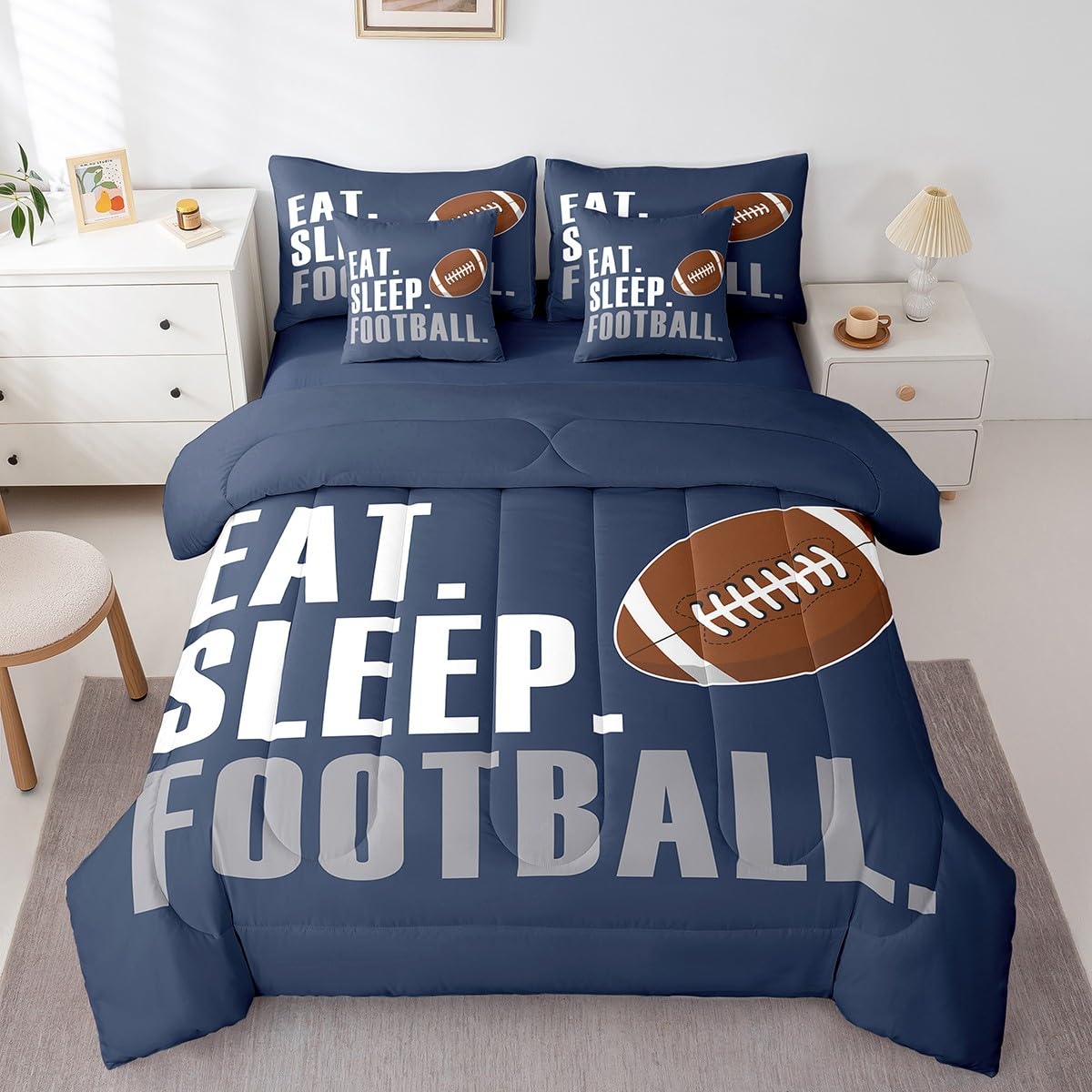 Feelyou Boys Football Comforter Set 7 Pieces Twin Size American Sports Bedding Set for Kids Adults Navy Blue Rugby Bed in a Bag Ball Games Room Decor Football Player Gift