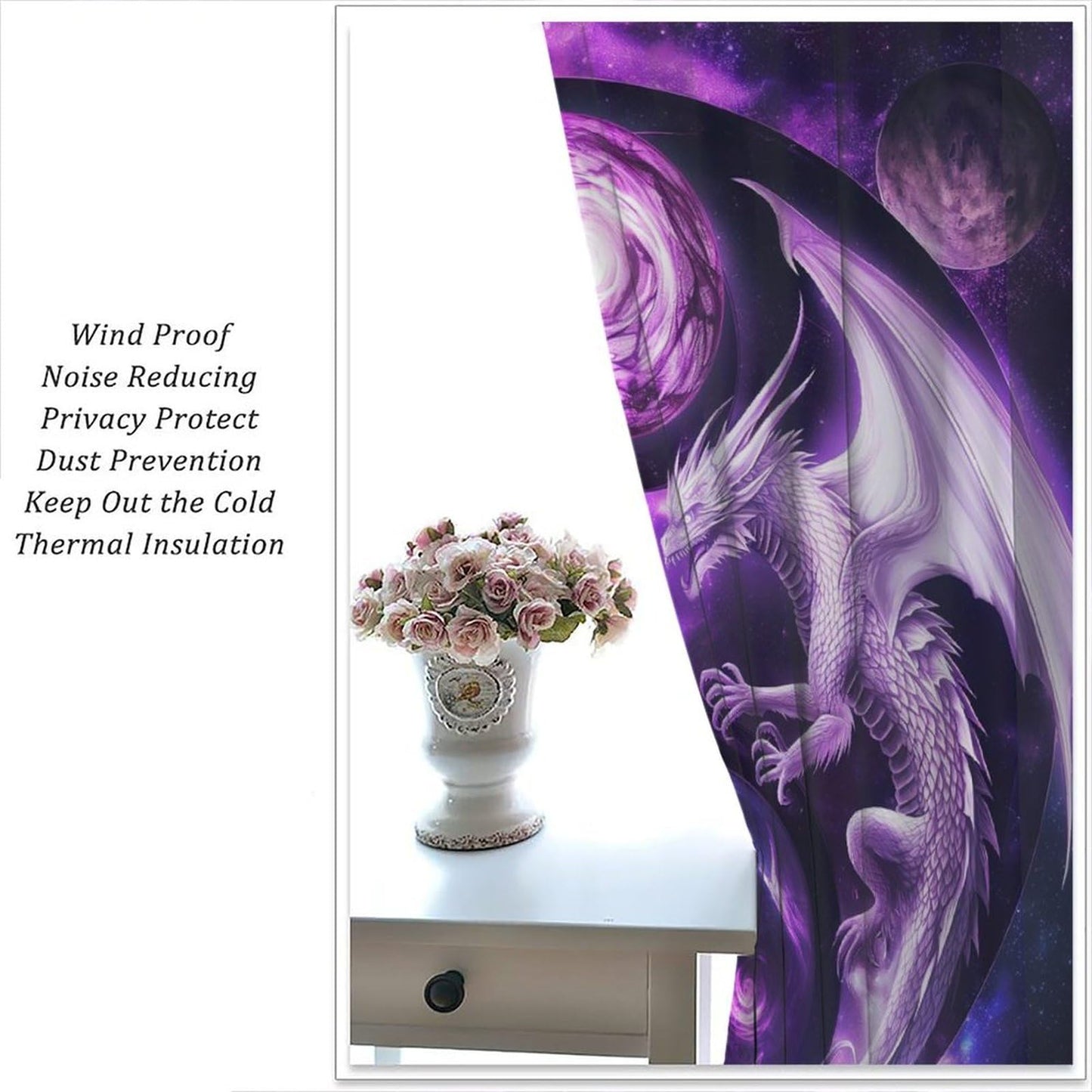 wlsgdsg Dragon Curtains for Boys,Mystery Fantasy Stars 3D Purple Yin Yang Black White Sky Wings Flying Dragon Window Drape Print for Kids Bedroom Living Room 42x45in (No Blackout)