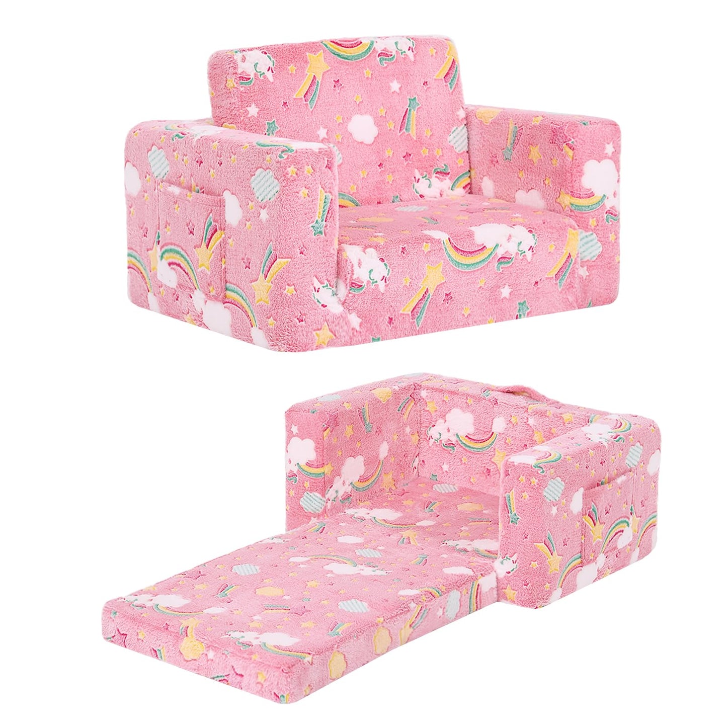 Givjoy Kids Sofa Toddler Chair, Children Couch with Side Pockets 2 in 1 Glow in Dark Armchair with Removable and Washable Cover Carrying Handle Kids Reading Sofa for Playroom, Pink Rainbow