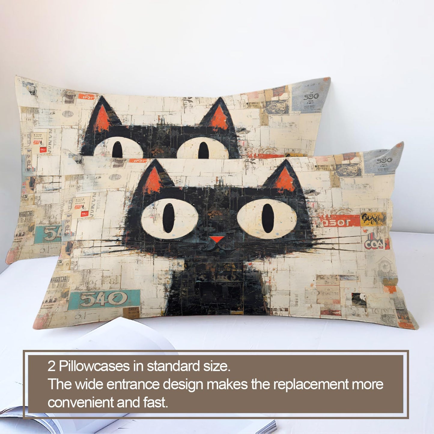 ZAMODE Cat Comforter Cover 90" x 90", Cartoon Kitten Bedding Queen Size, Retro Black Cat Duvet Cover with 2 Pillowcases