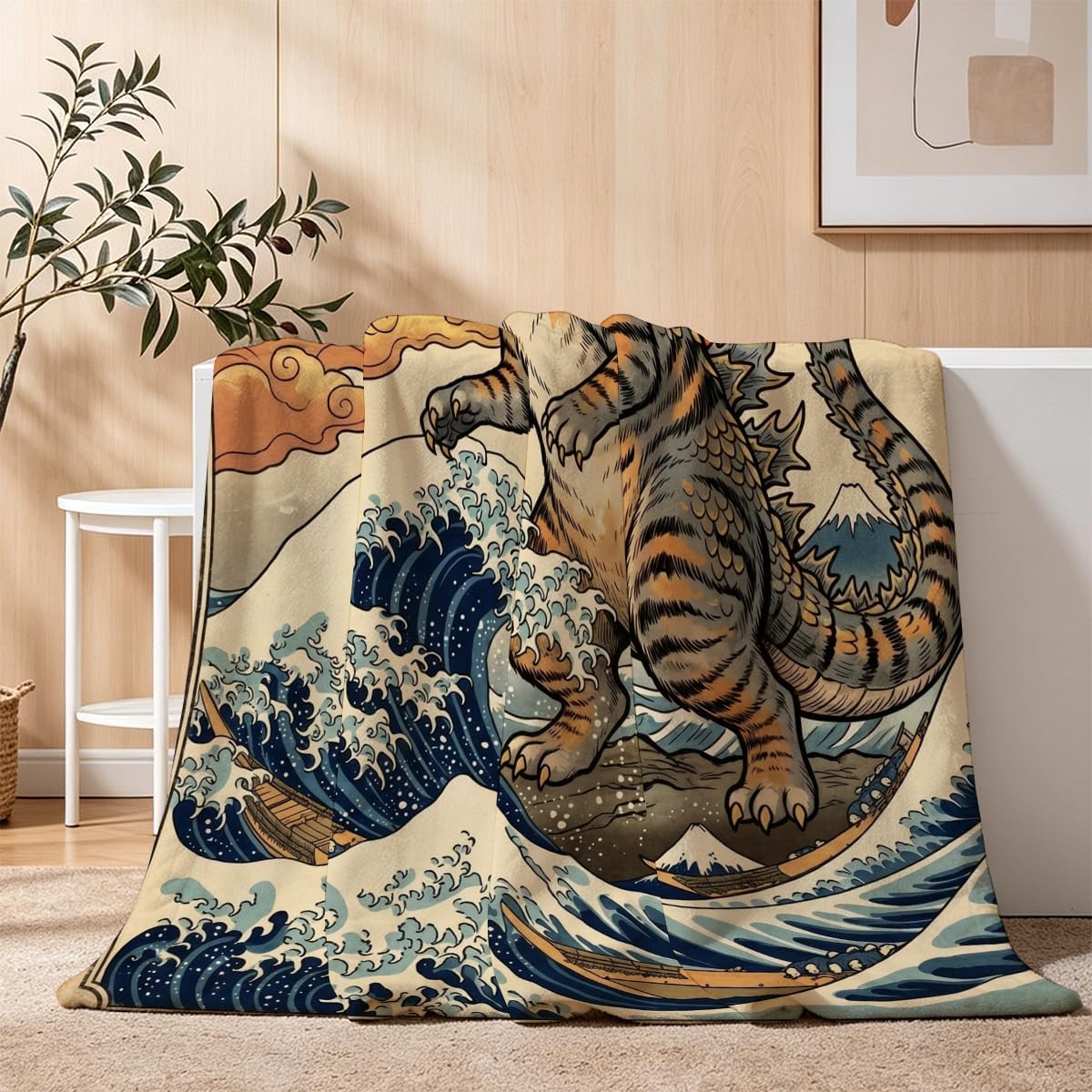 Yujiiso Retro Ukiyo-E Catzilla Blanket, Soft Flannel Fleece Throw 50" x 60"
