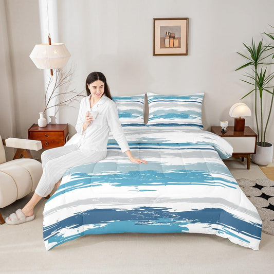 Erosebridal Abstract Blue Comforter Set King Size Modern Teal Grey Striped Bedding Set for Boys Men Geometric Aesthetic Oil Painting Comforter Minimalist Simple Watercolor Quilt