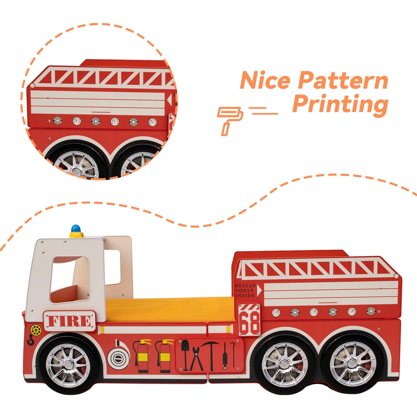 LKTART Twin Size Car Bed for Kids, Fire Truck-Shaped Wooden Platform Bed Frame with LED Lights, Headboard Wheels and Support Slats for Boys Toddlers Child's Bedroom (Red)
