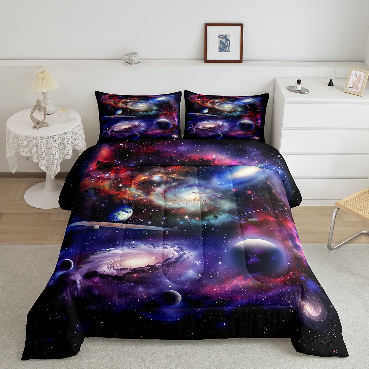 Erosebridal Purple Galaxy Bed in A Bag Starry Sky Quilt with Flat Fitted Sheet Outer Space Universe Planet Bedding Sets 3D Solar System Theme Comforter Set 7 Piece Twin,Purple