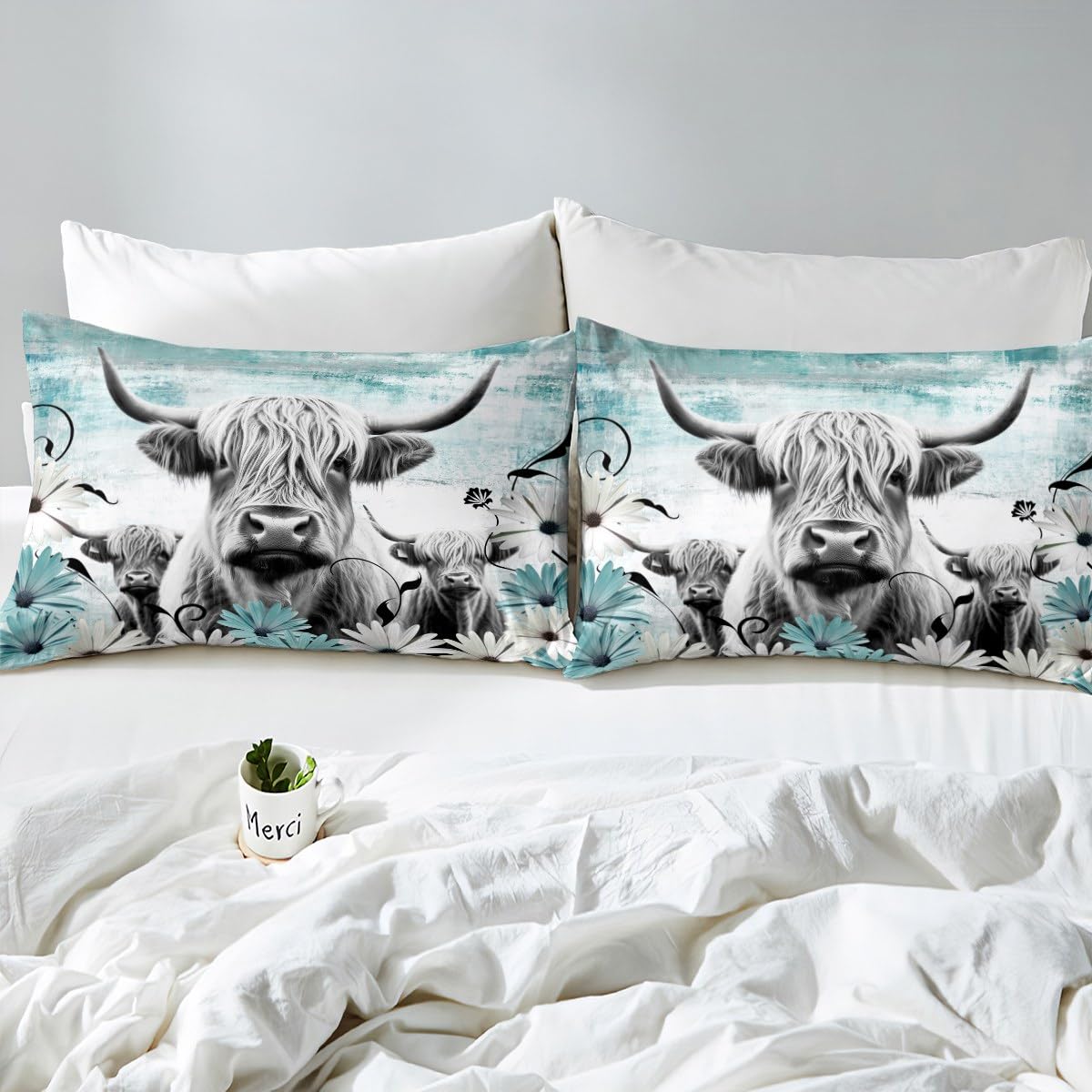 Erosebridal Highland Cow Print Bed Sheets Queen,Teal Western Farmhouse Sheet Set Rustic Home Decor,Longhorn Cattle Farm Animals Fitted Sheet Graffiti Daisy Flowers Bed Set Cowboys Gifts for Men Women