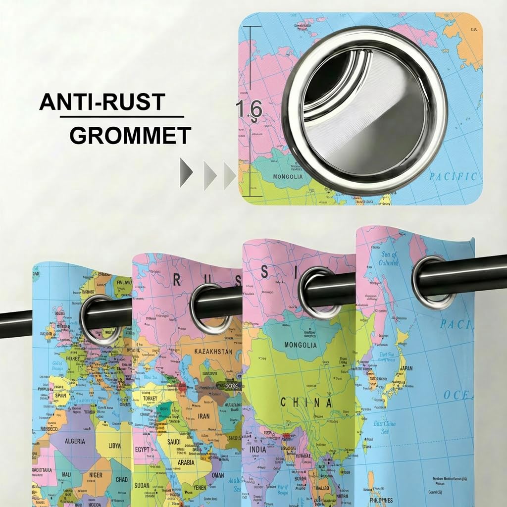 terxgrl World Map Blackout Curtains for Bedroom Living Room, Colorful Educational Geography Political Map Window Drapes for Youth Playroom Study Room, 42 x 45 Inch