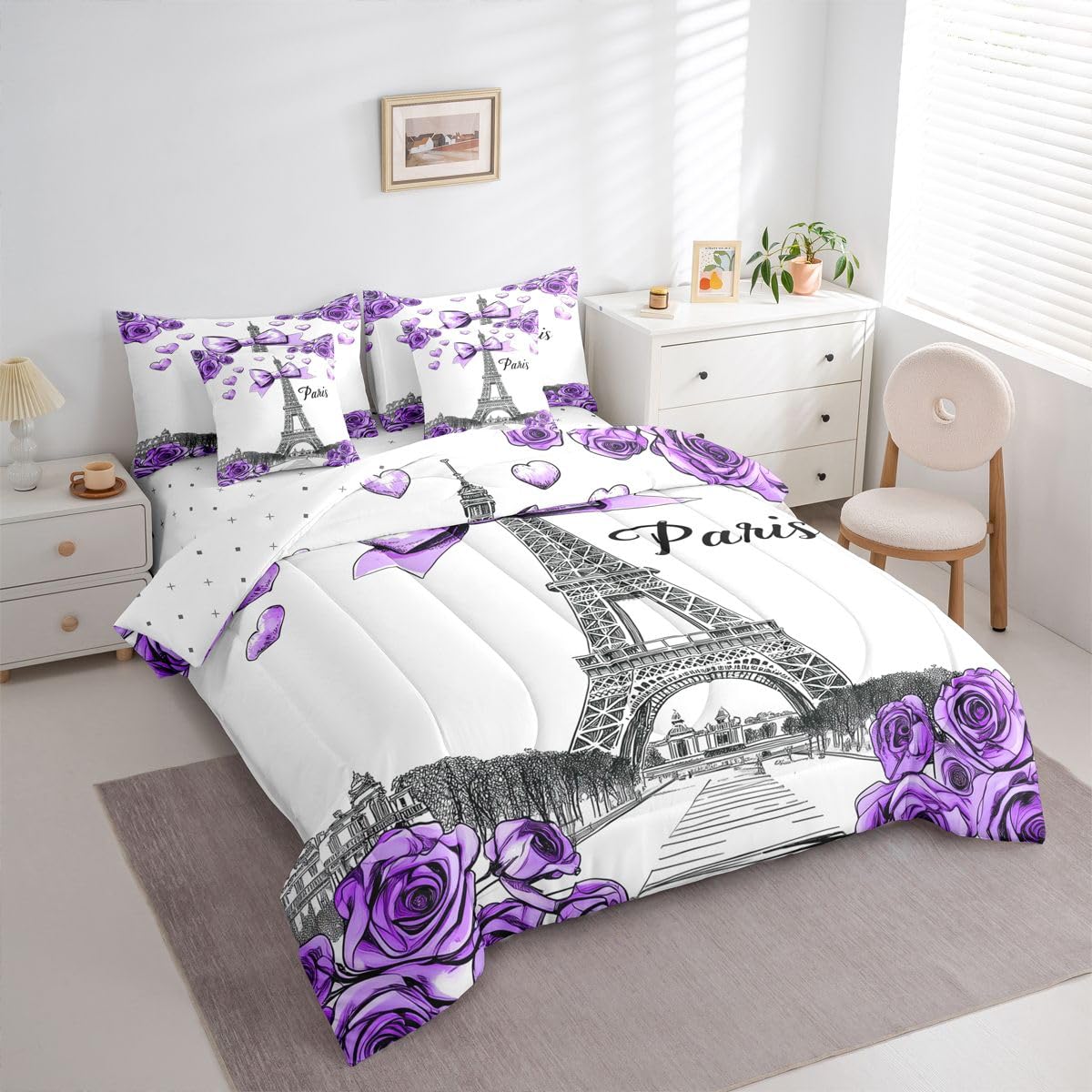 Erosebridal Bow Decor 7 Piece Bedding Set Twin Size Eiffel Tower Bed in A Bag for Kids Girls Rose Floral Comforter with Sheets Preppy Princess Bed Sets
