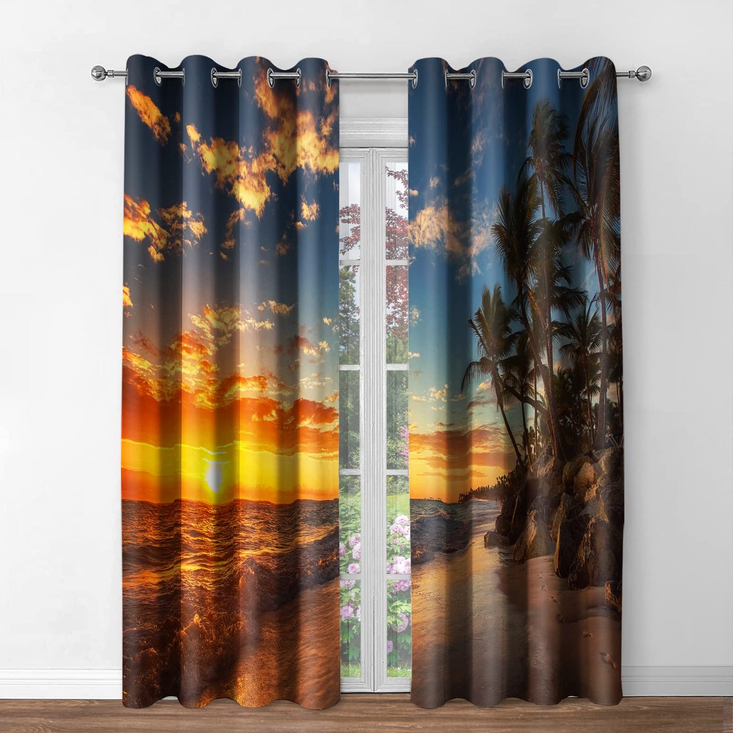 Jekeno Ocean Sunset Blackout Window Curtain - Beach Water Palm Tree Dusk Sky Landscape Blocking Drapes for Bedroom Living Room Nursery Decor Grommet Window Drapes 2 Panels Set 42"x 63"