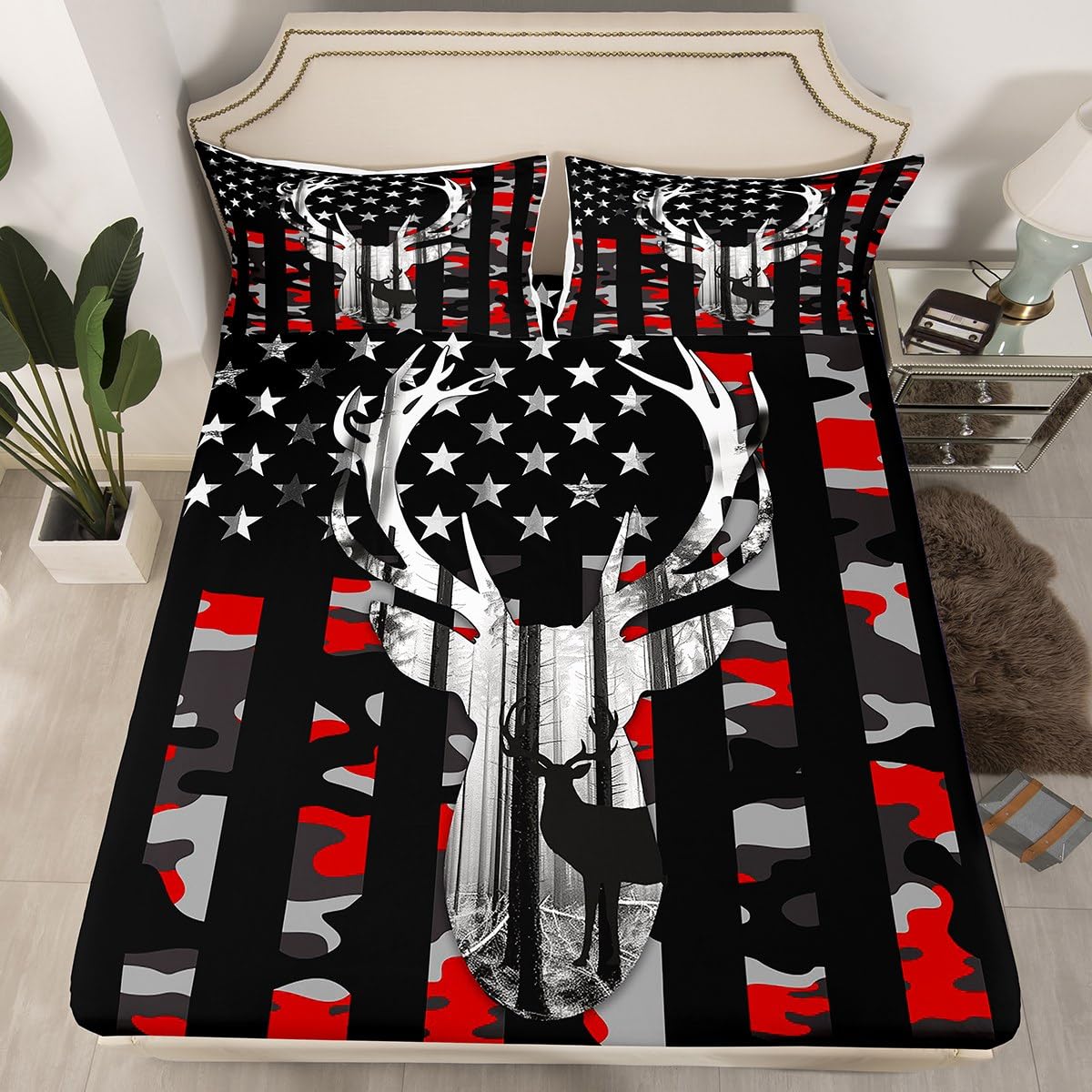 Kids Camouflage USA Flag Bed Sheet Set King Size,Wild Animal Deer Antlers and Trees Quality Brushed Microfiber Luxury Bedding Set, Red Camo American Flag Bedding (1 Fitted,1 Flat,2 Pillowcases)